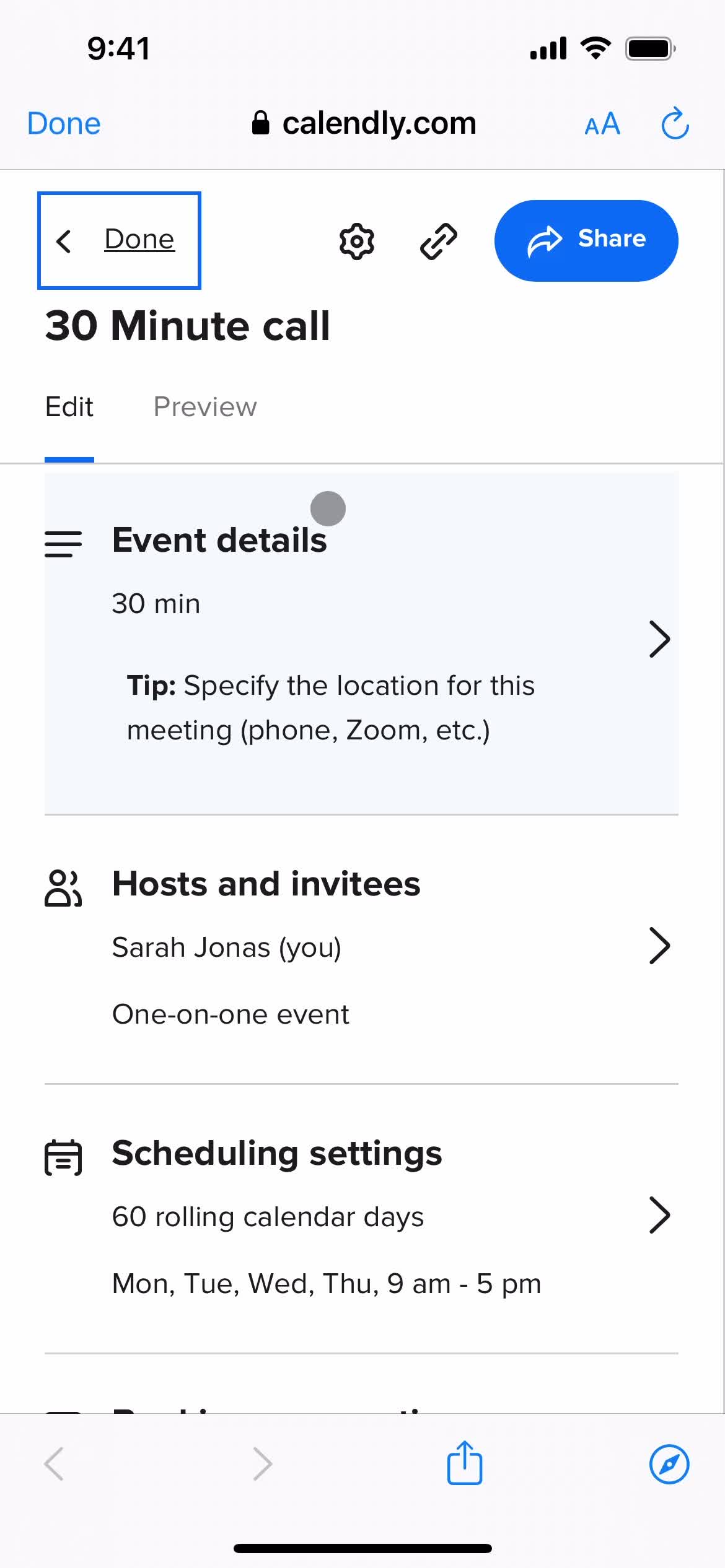 Editing event type on Calendly video thumbnail