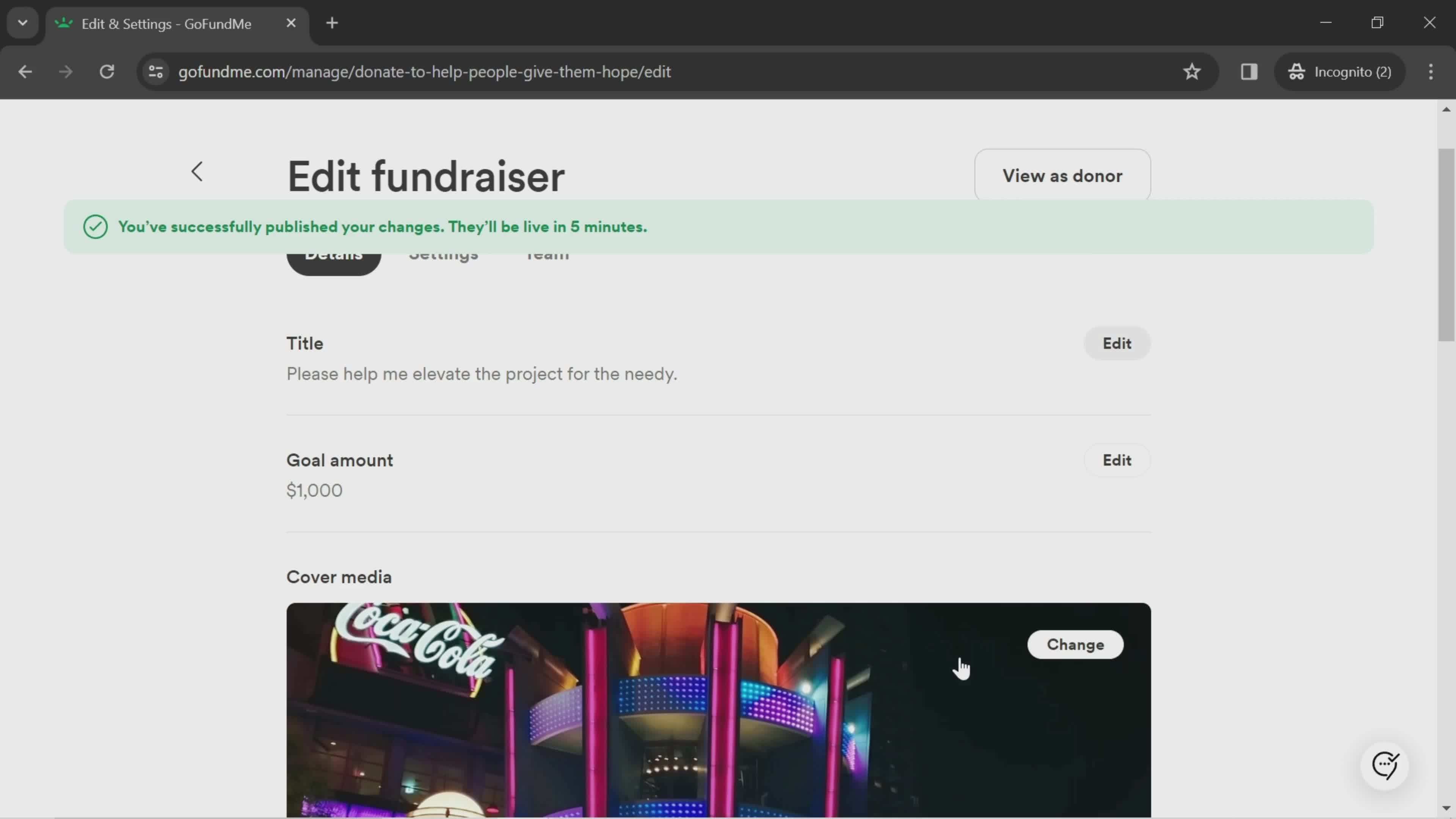 Editing a fundraiser screenshot