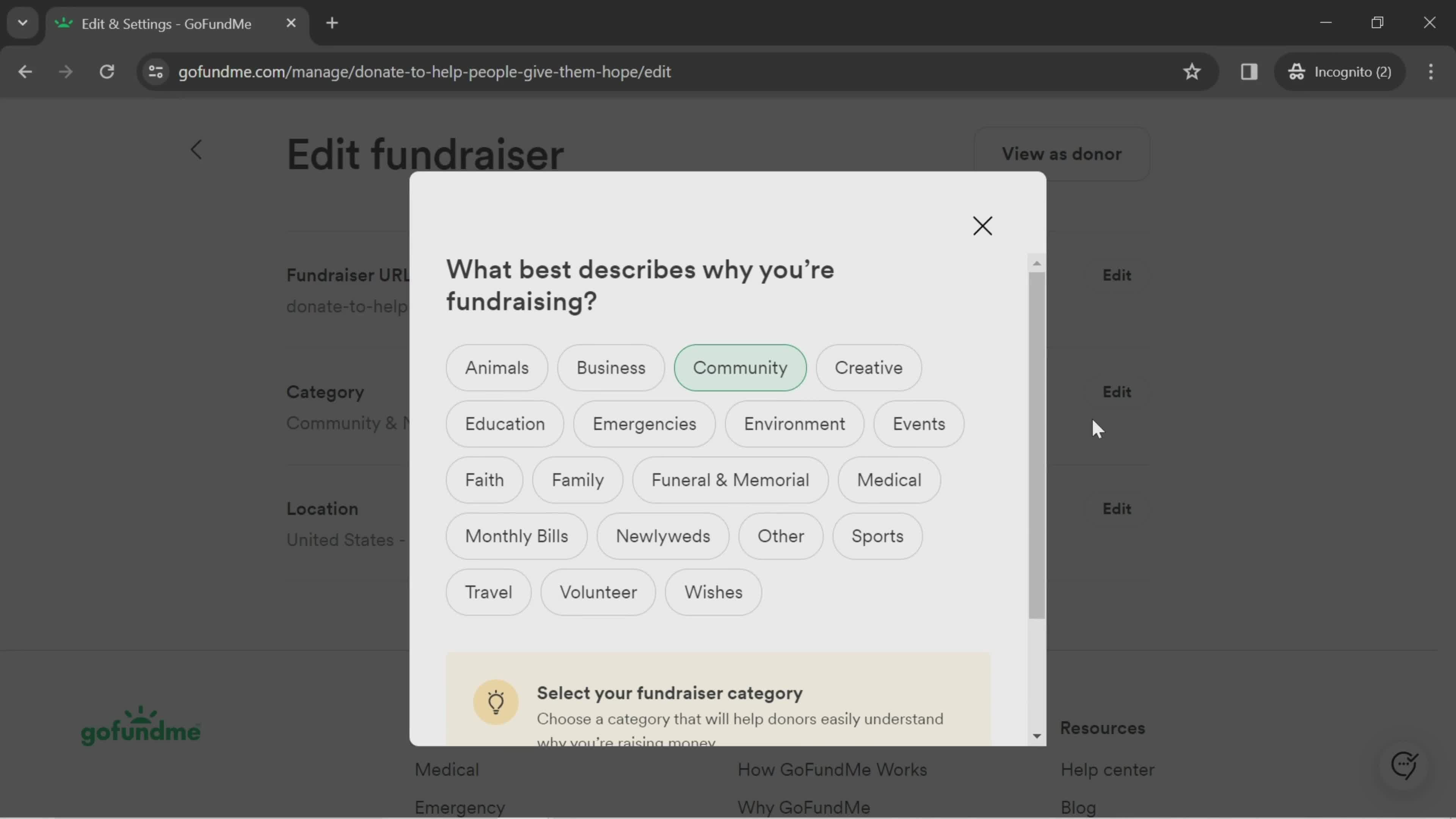 Editing a fundraiser screenshot