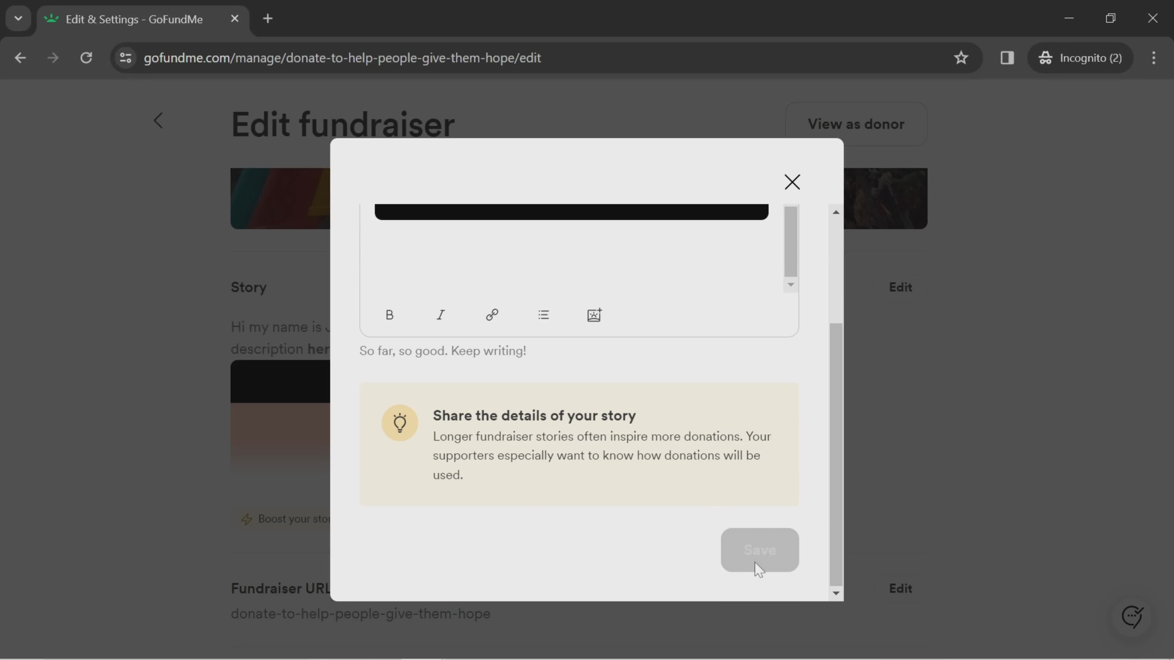 Editing a fundraiser screenshot