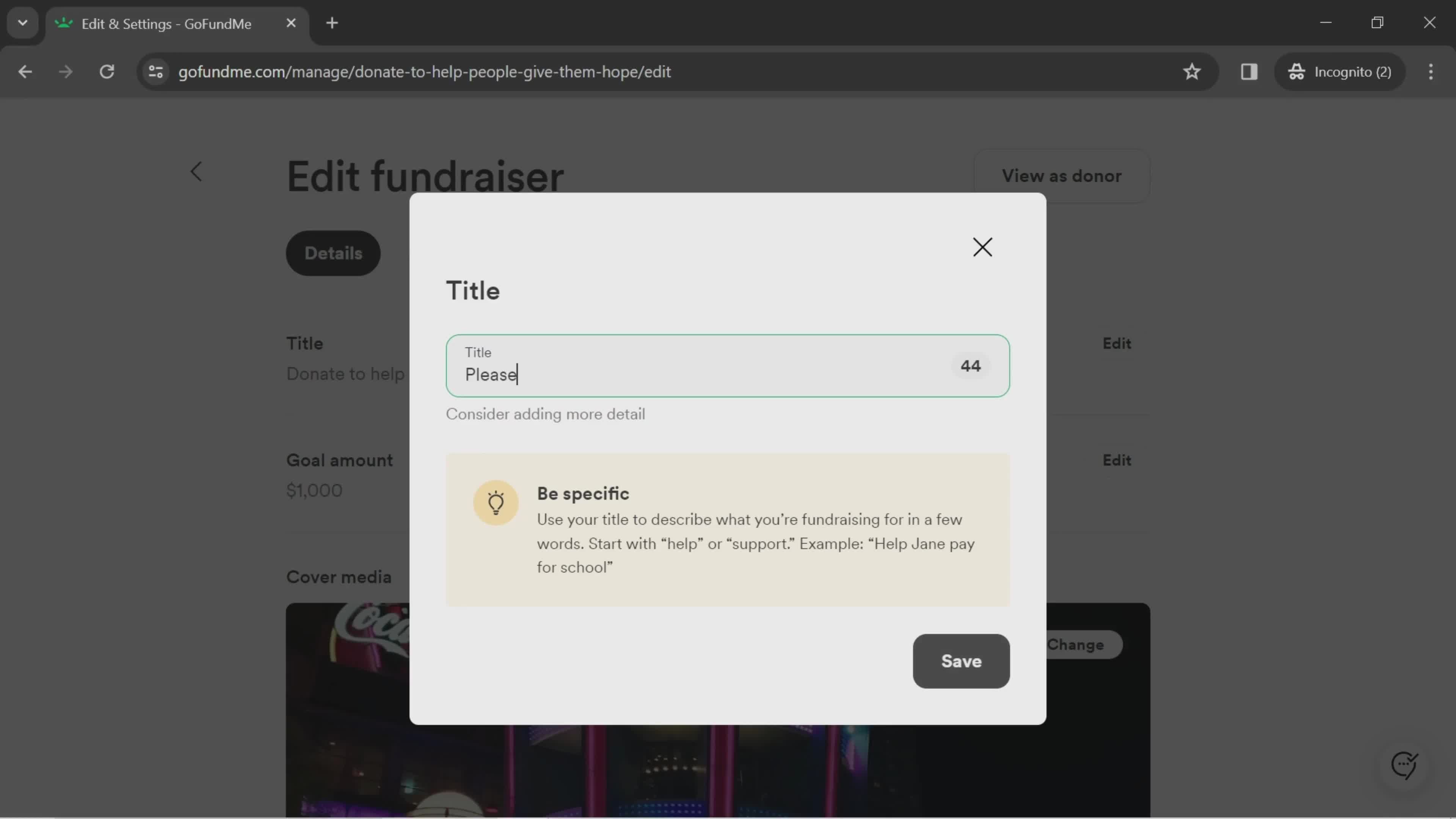 Editing a fundraiser screenshot