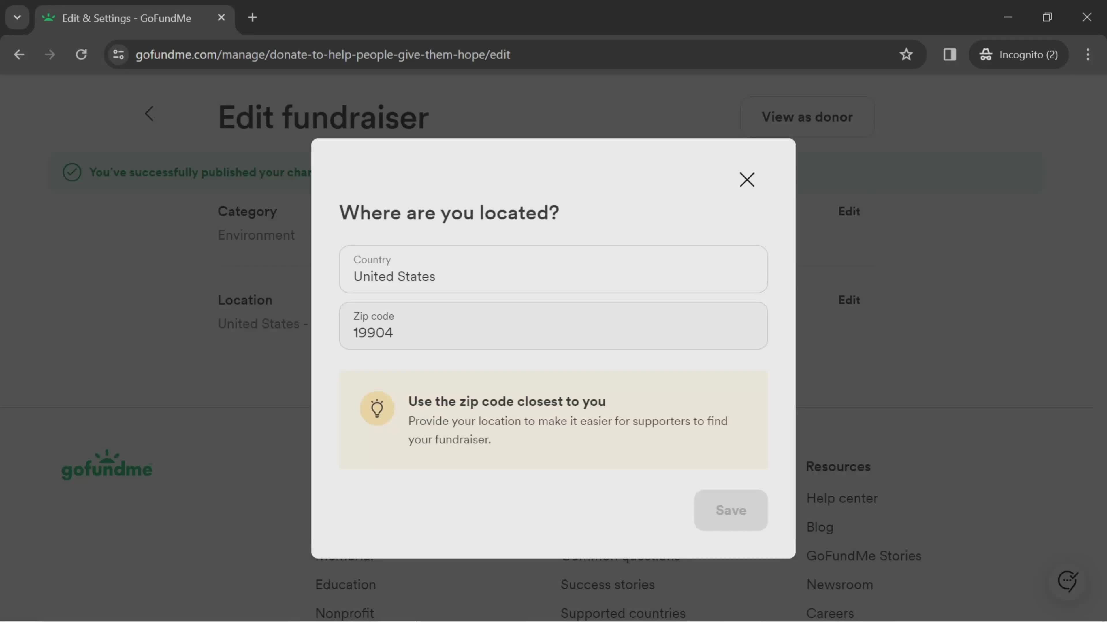 Editing a fundraiser screenshot