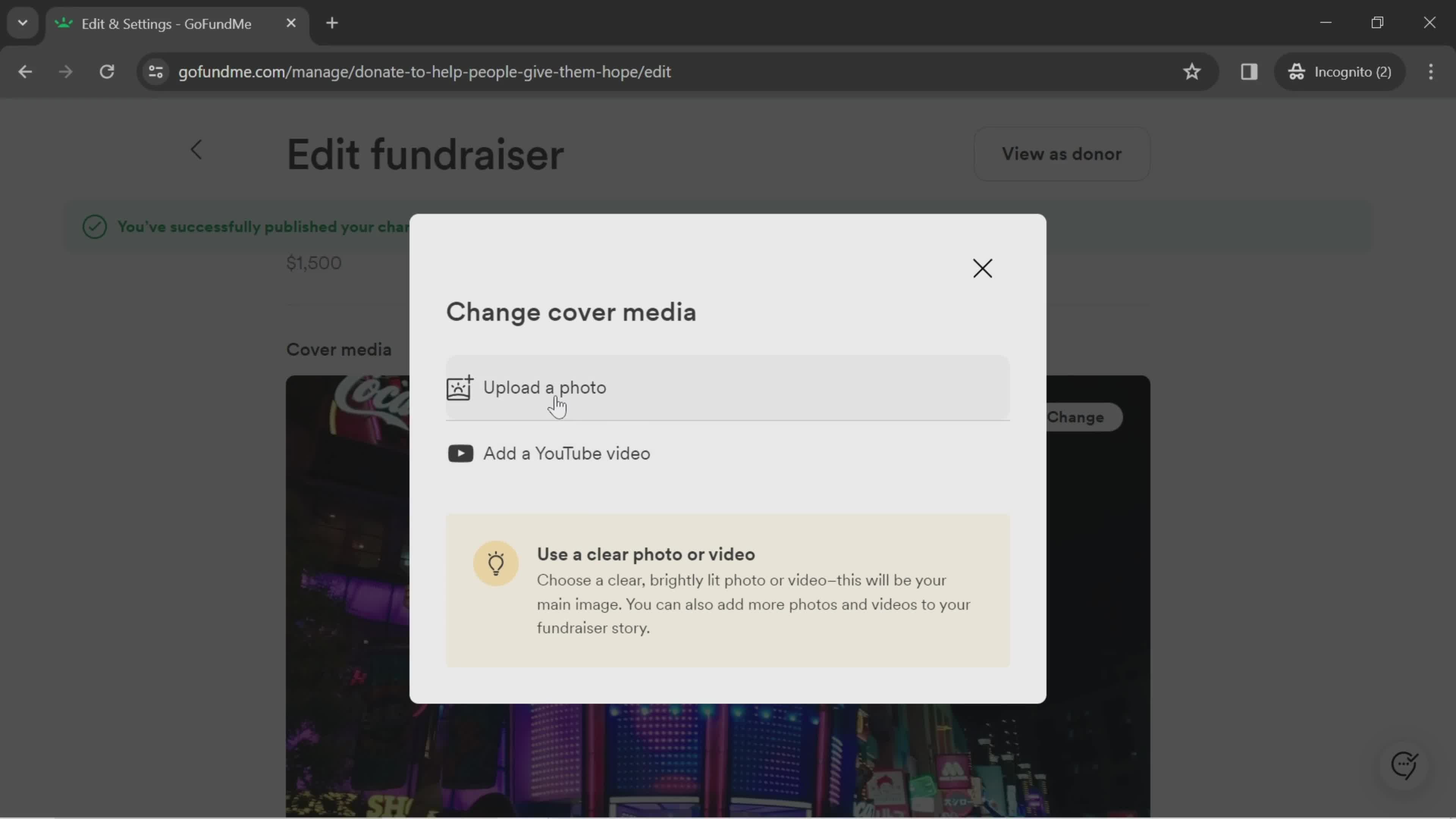 Editing a fundraiser screenshot