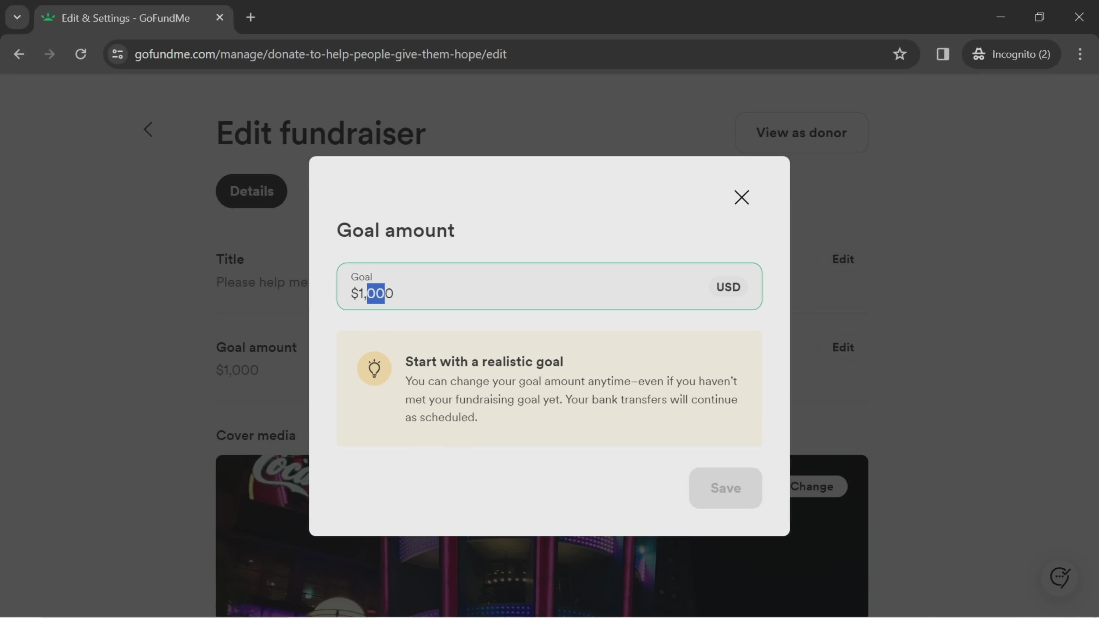 Editing a fundraiser screenshot