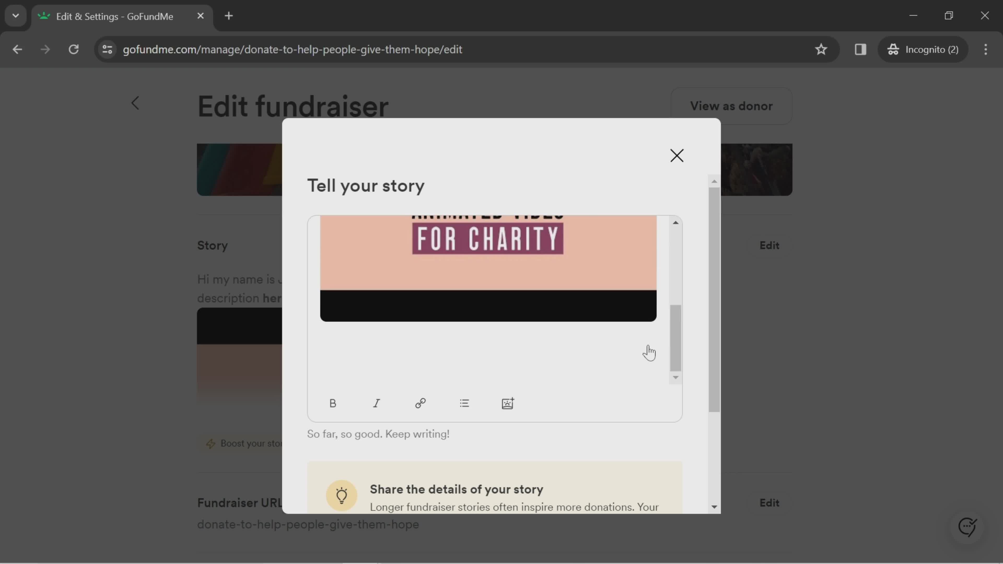 Editing a fundraiser screenshot