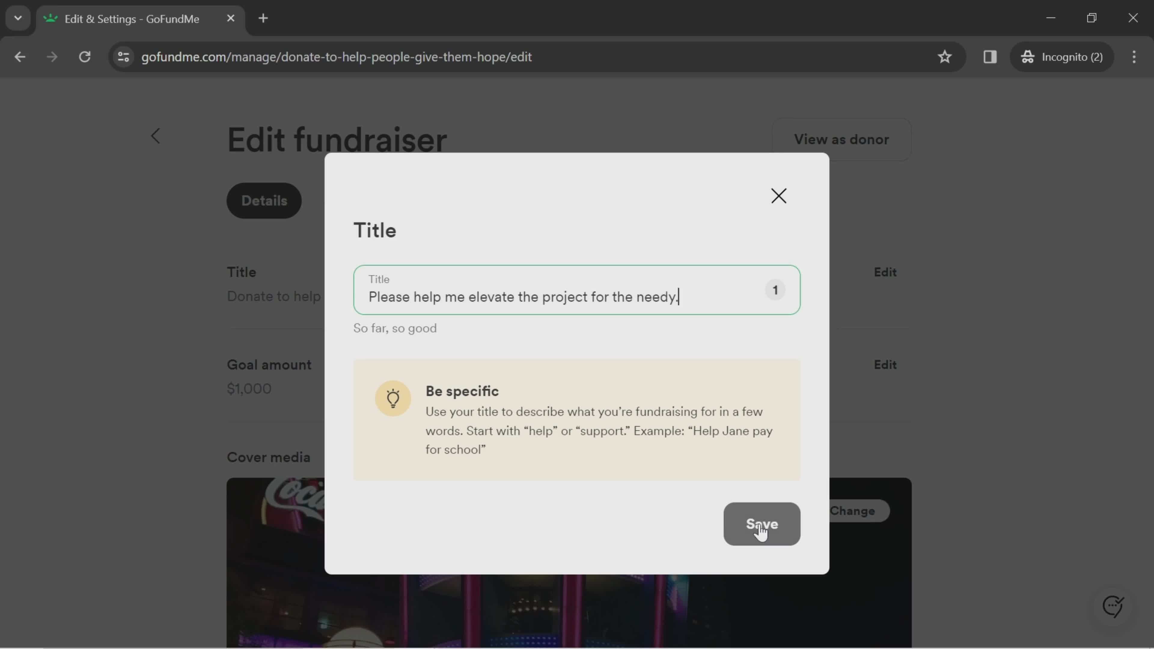 Editing a fundraiser screenshot