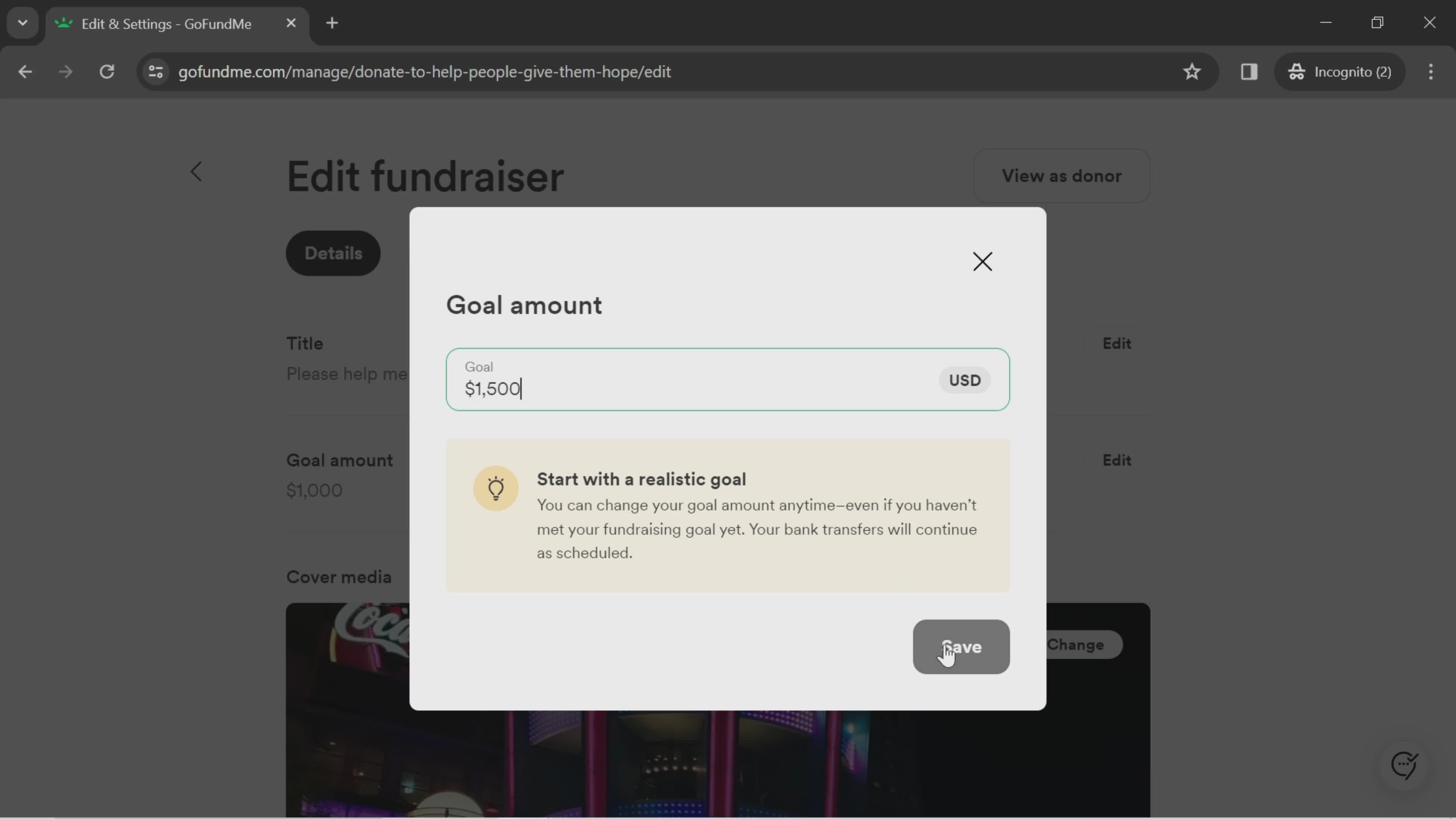 Editing a fundraiser screenshot