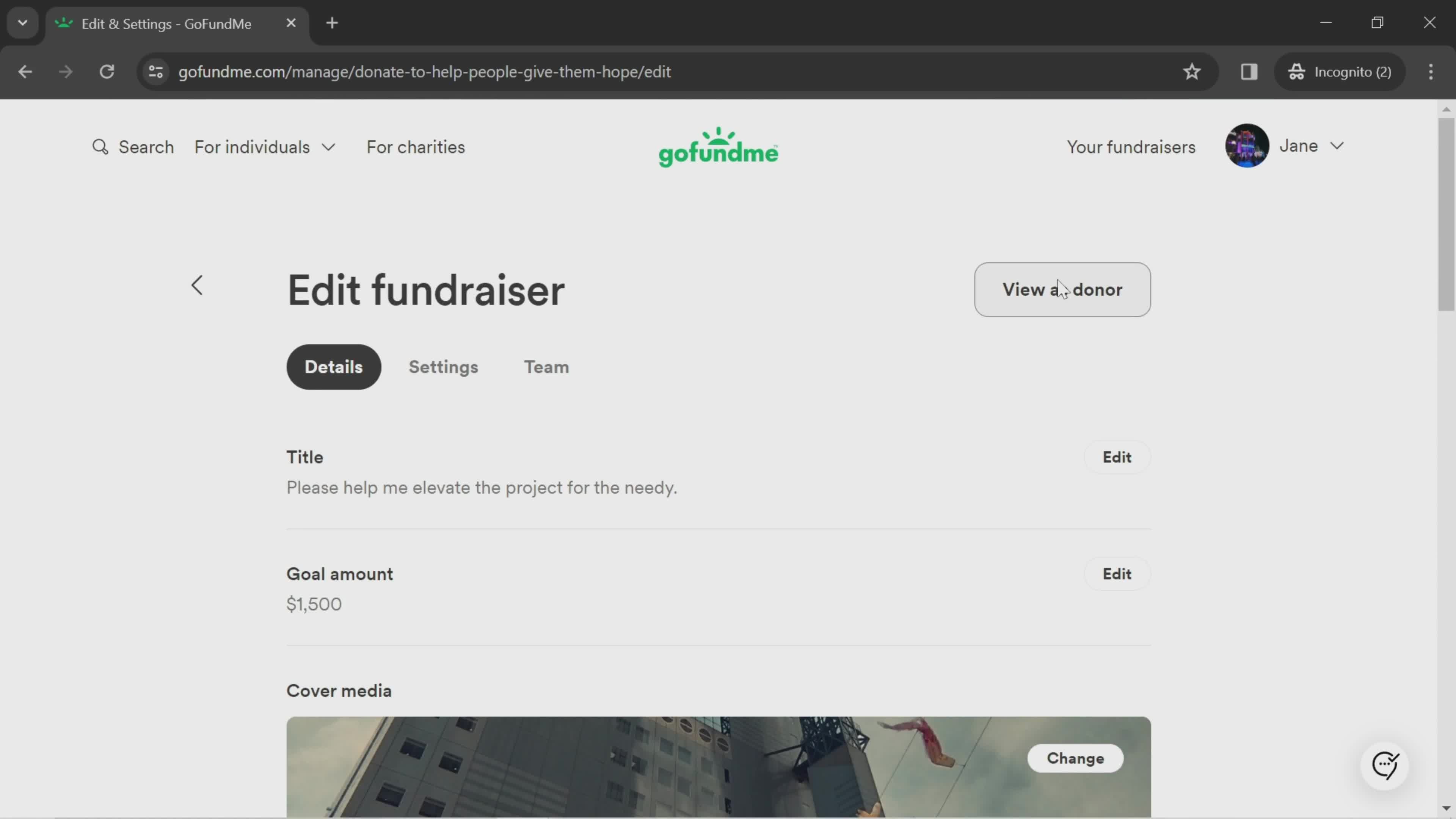 Editing a fundraiser screenshot