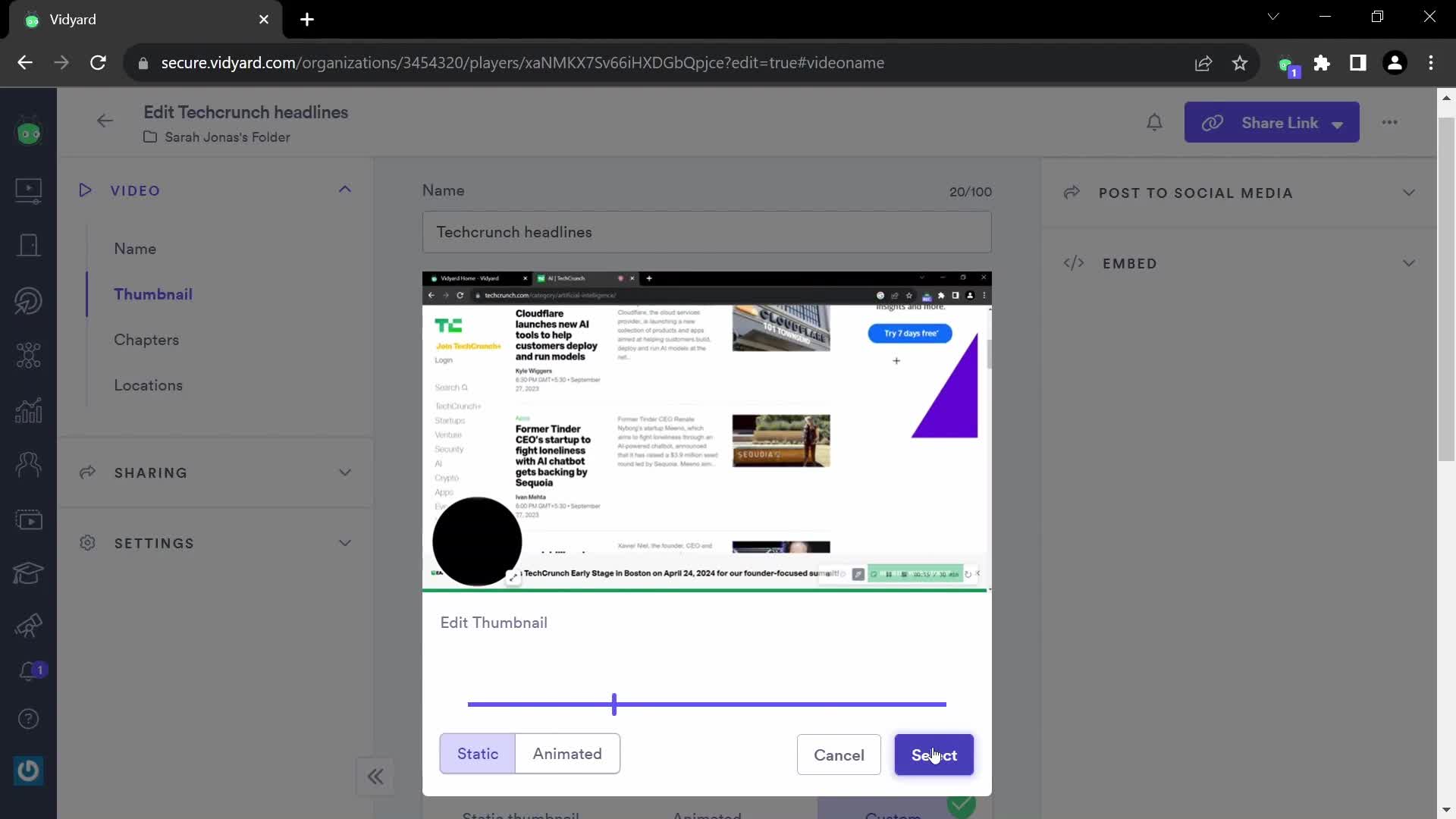 Editing a video on Vidyard video thumbnail