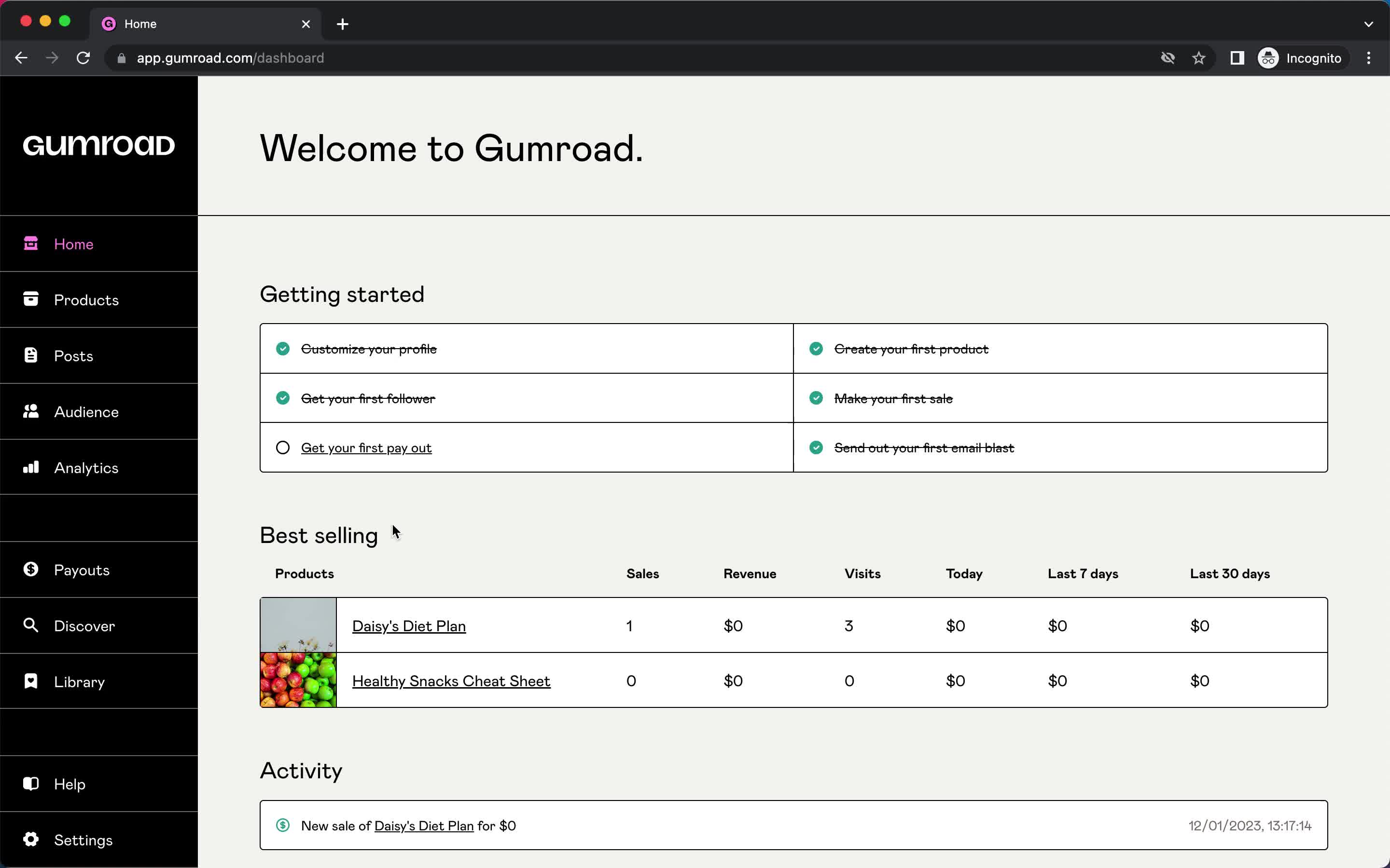 Screenshot of Home on Creating an automation workflow on Gumroad user flow