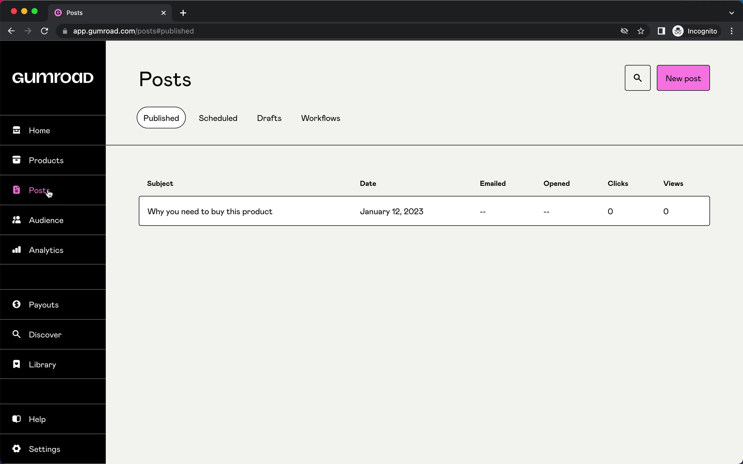 Screenshot of Posts on Creating an automation workflow on Gumroad user flow