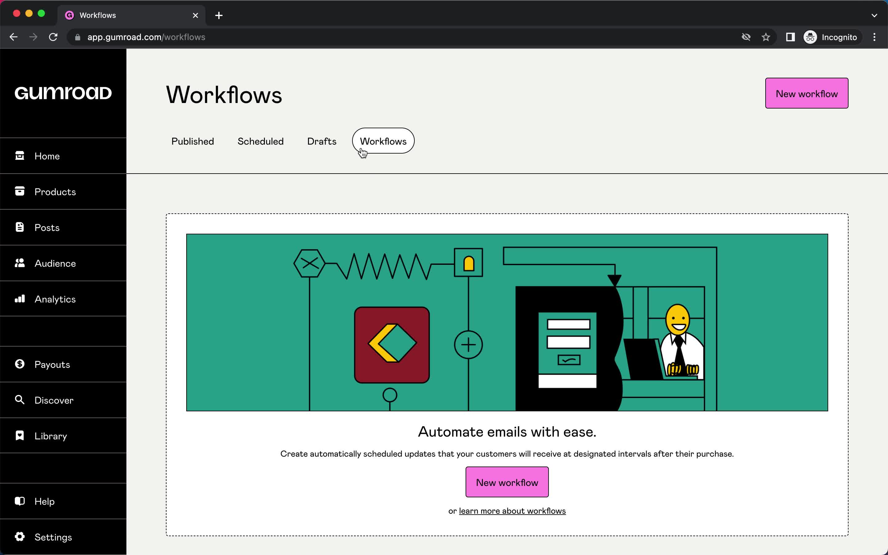 Screenshot of Workflows on Creating an automation workflow on Gumroad user flow