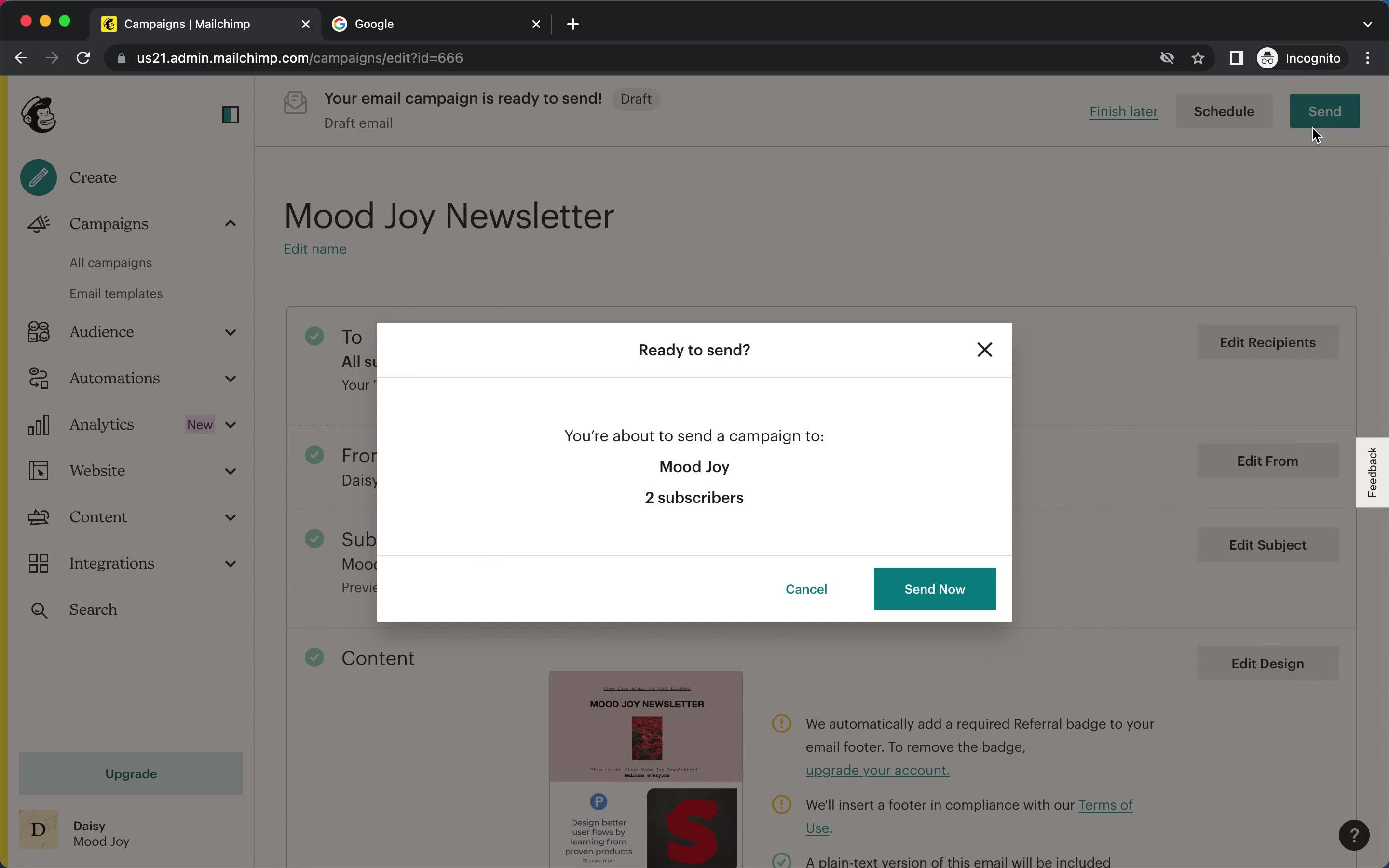 Creating an email campaign screenshot