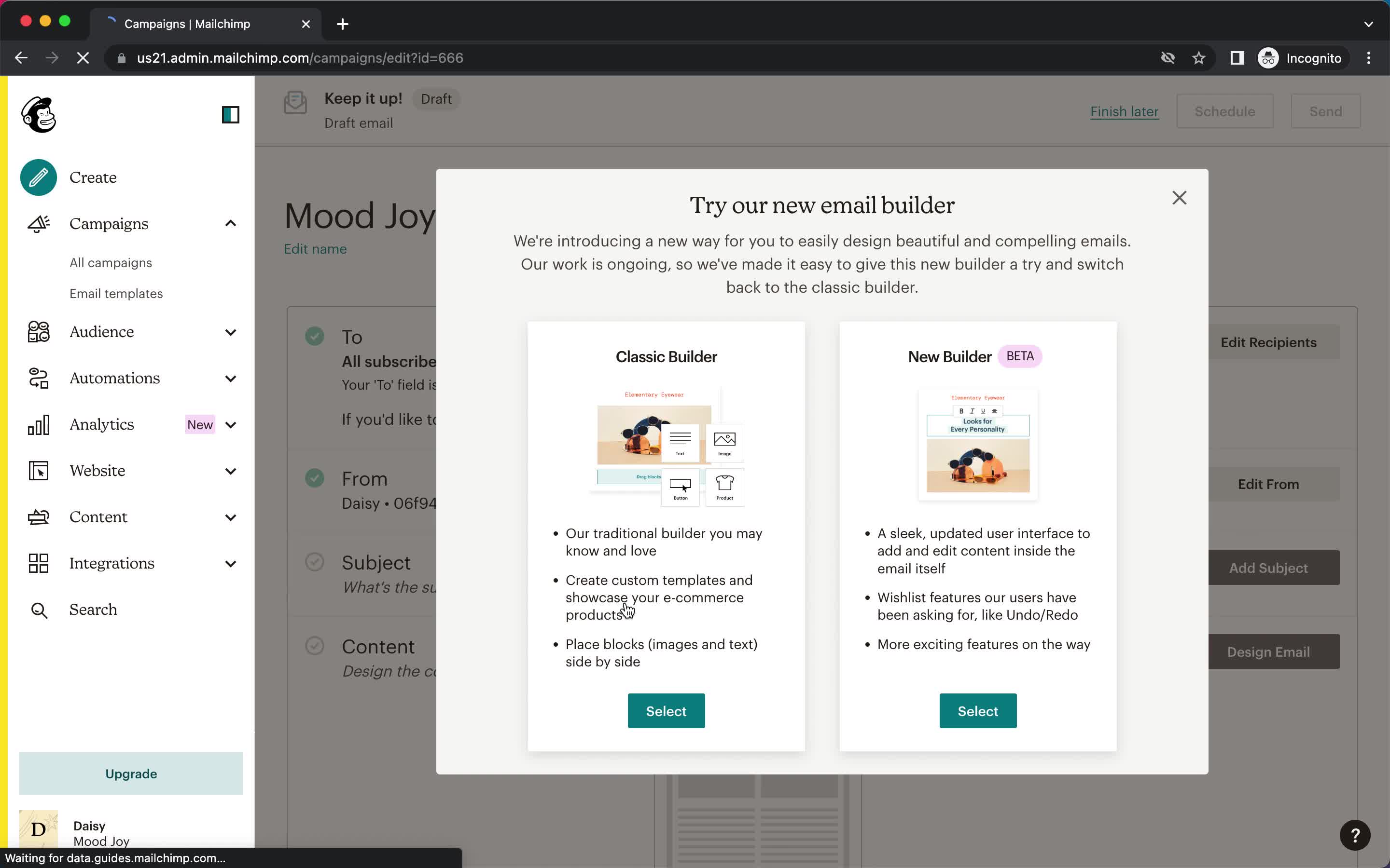 Creating an email campaign screenshot