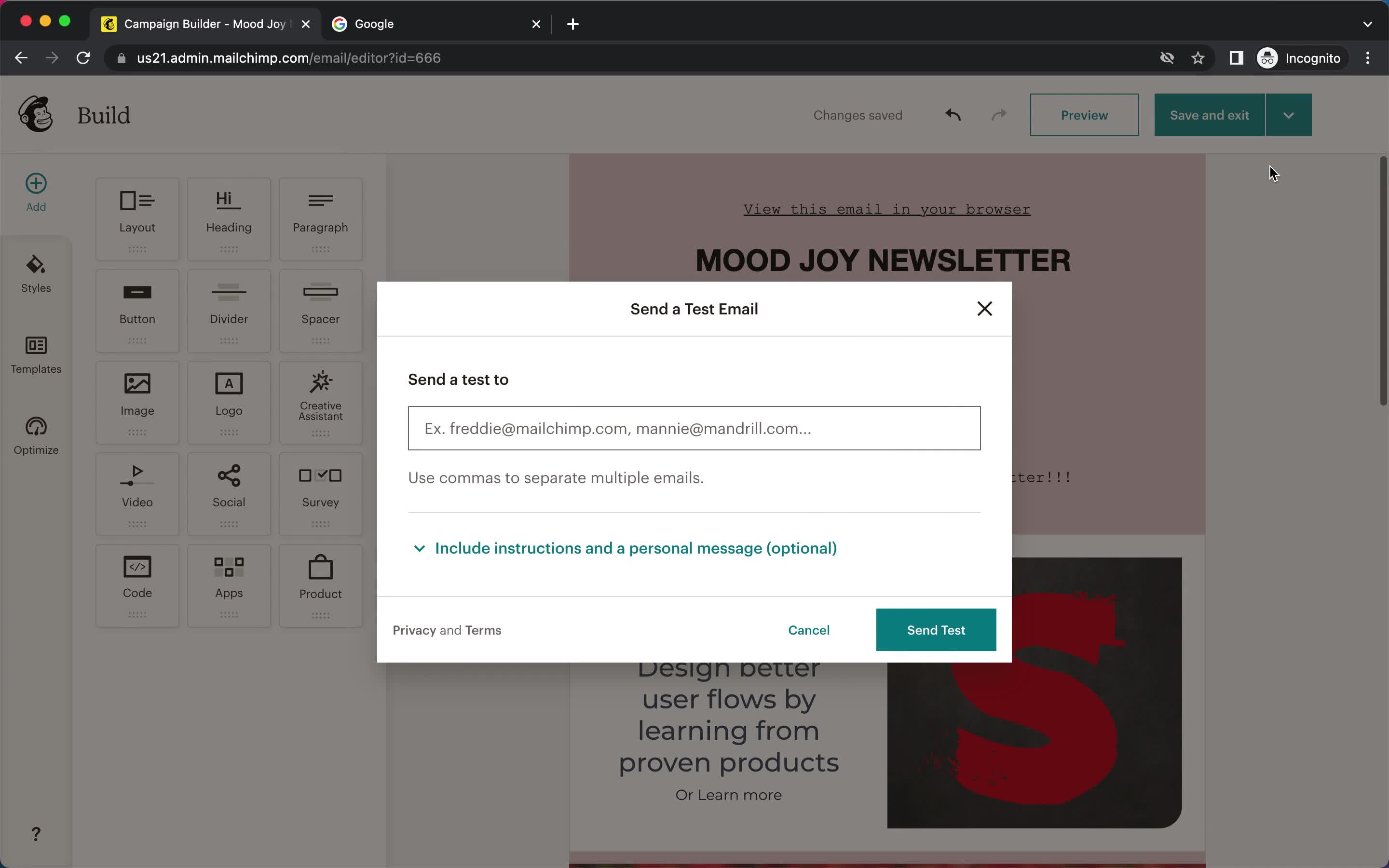 Creating an email campaign screenshot