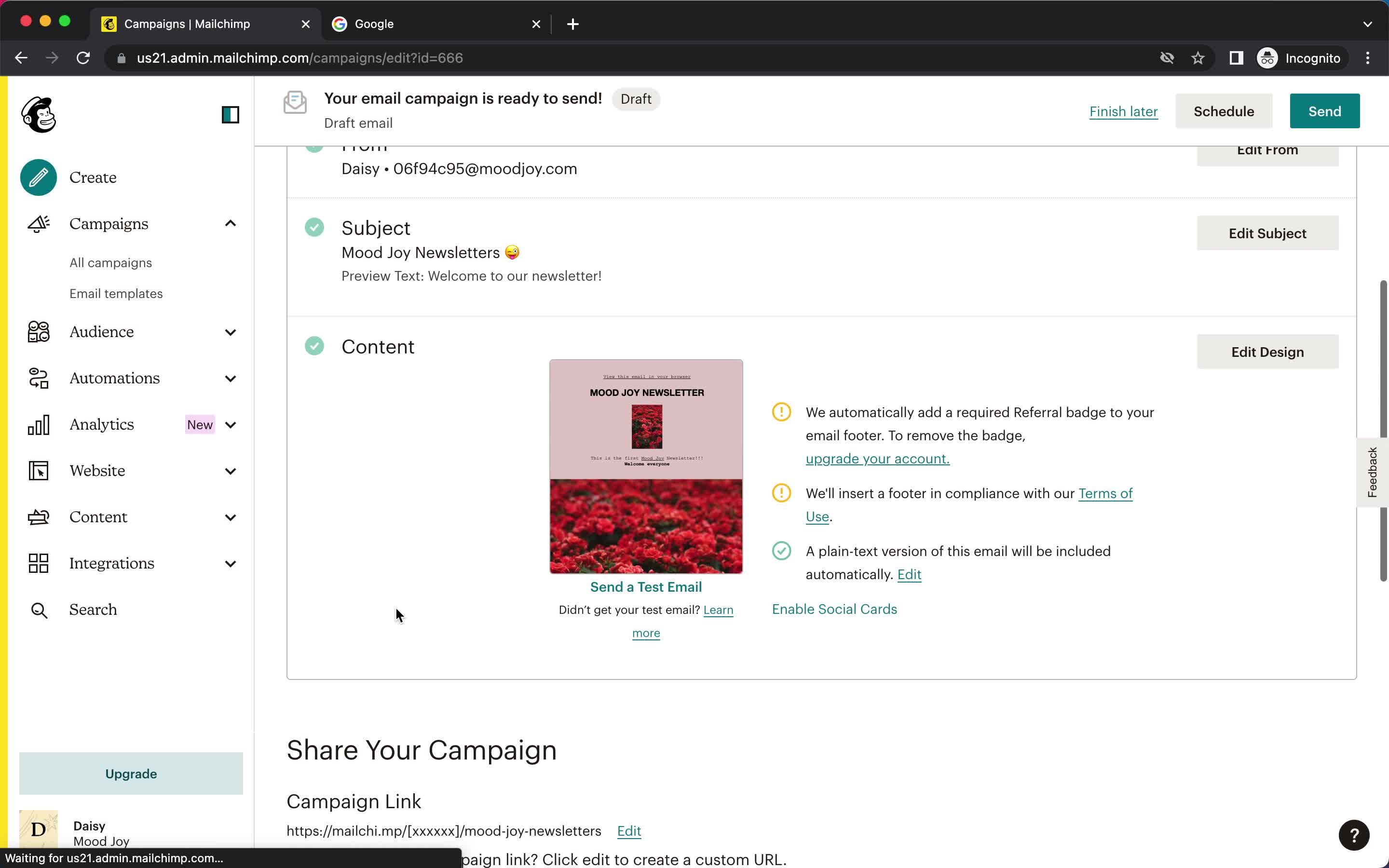 Creating an email campaign screenshot