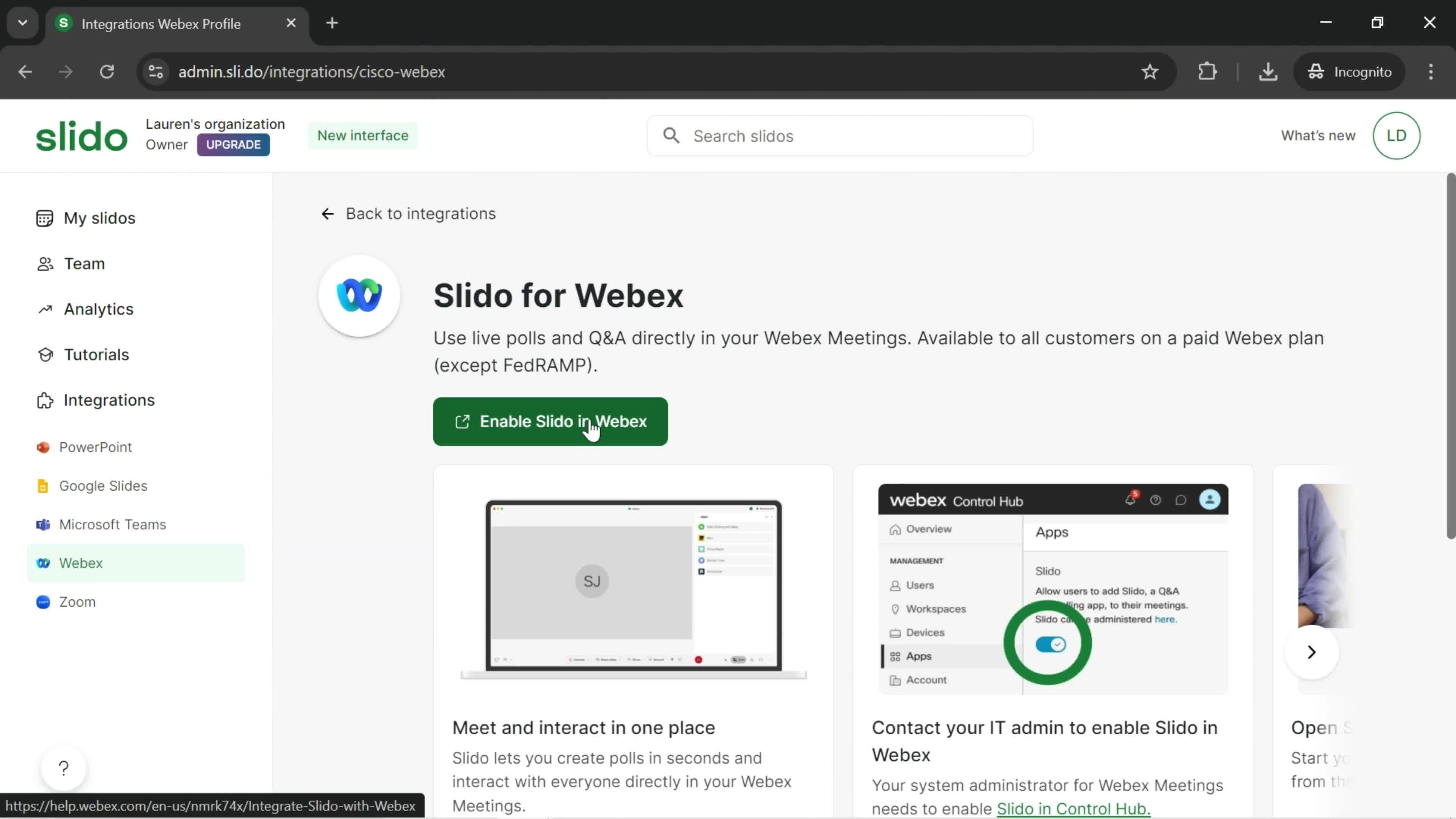 Enabling Slido on Webex screenshot