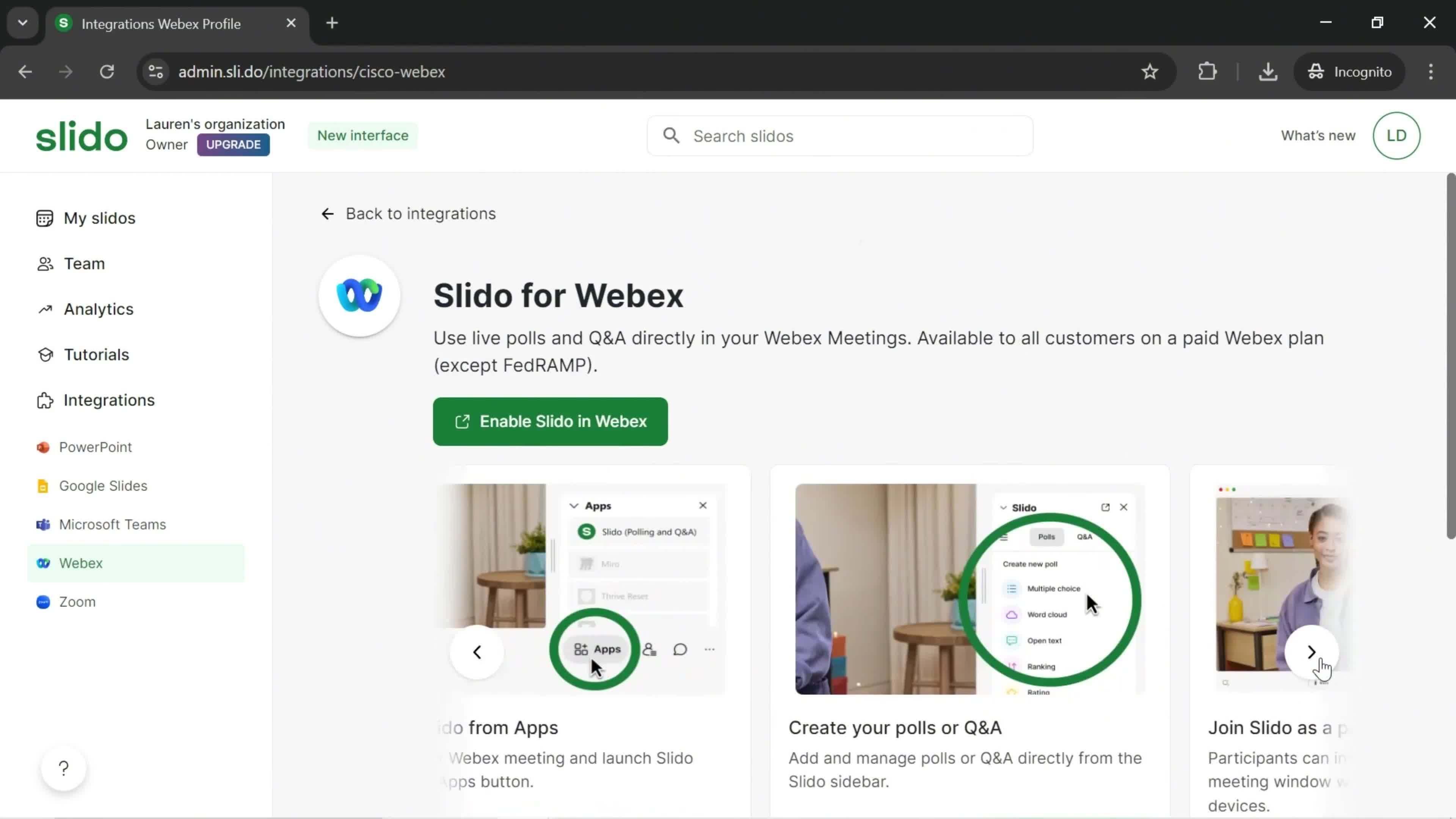 Enabling Slido on Webex screenshot