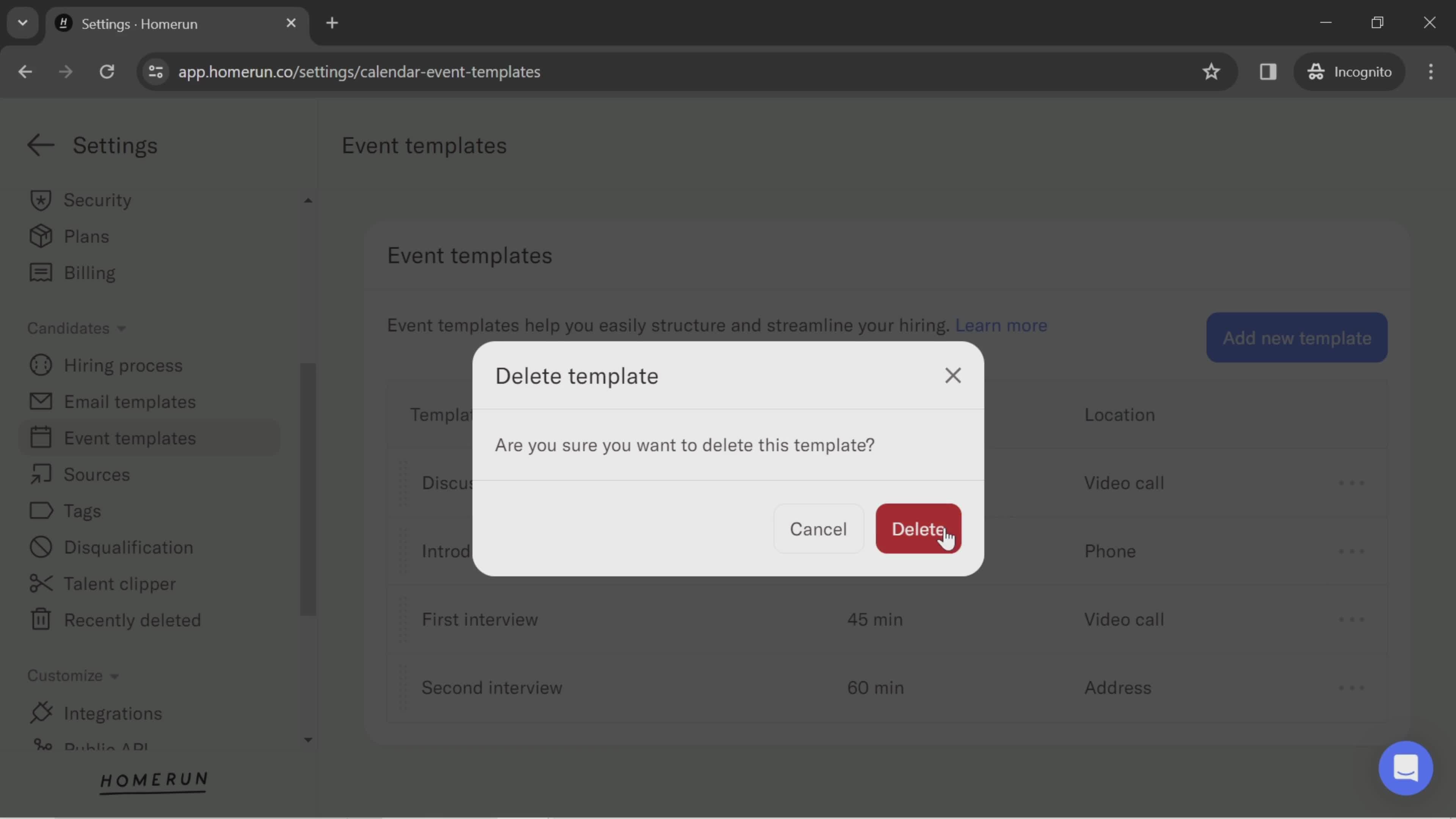 Creating event template screenshot