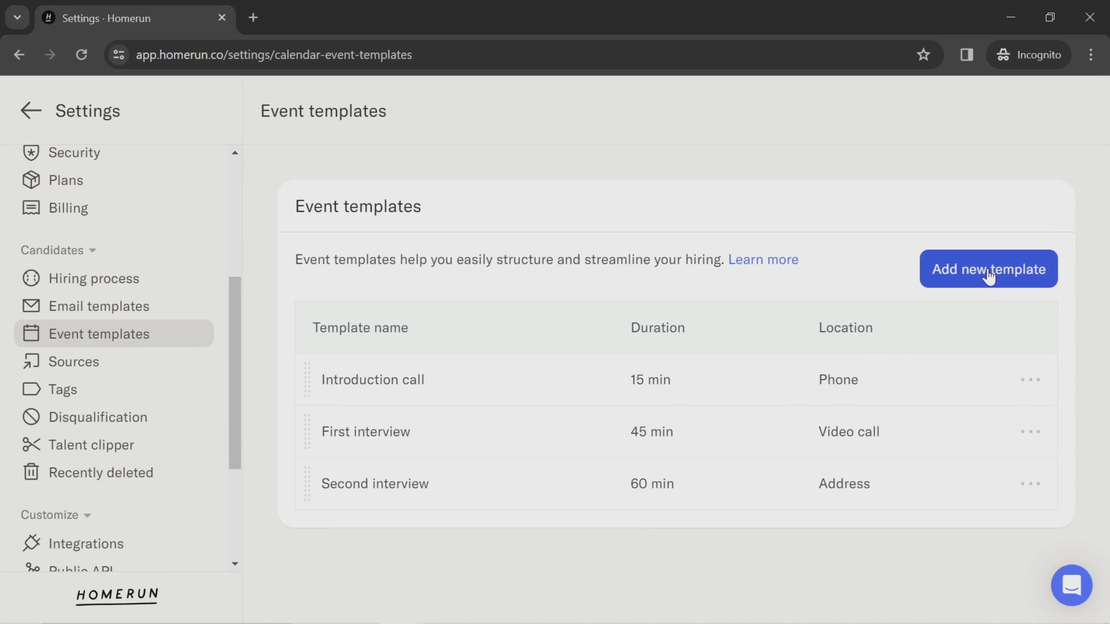 Creating event template screenshot