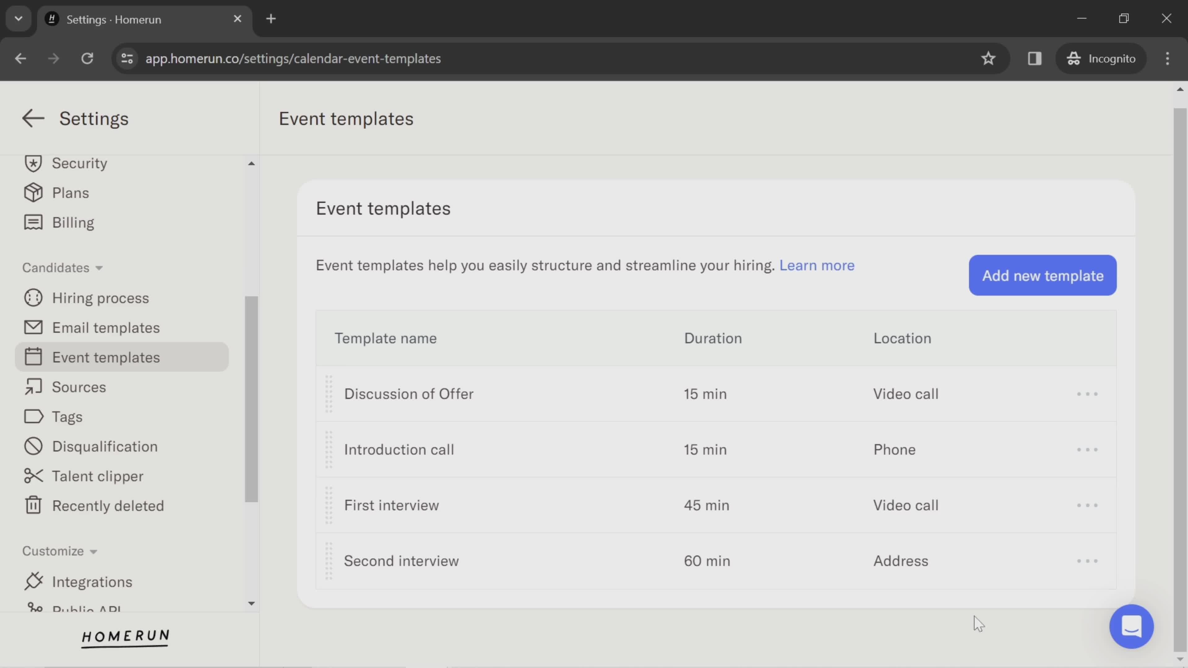 Creating event template screenshot