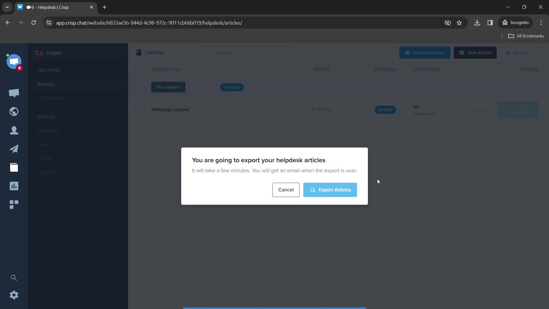 Exporting helpdesk articles screenshot