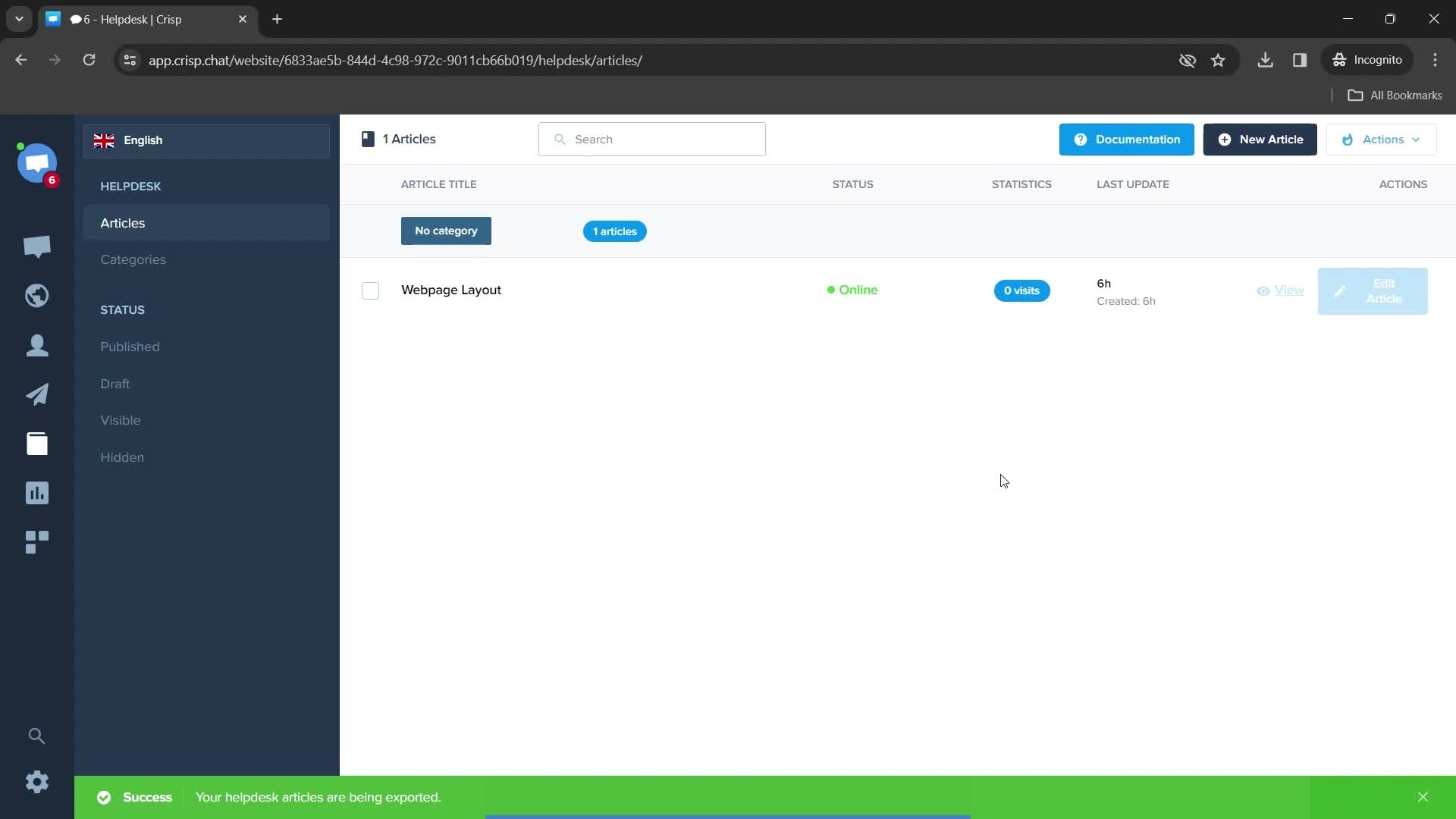 Exporting helpdesk articles screenshot