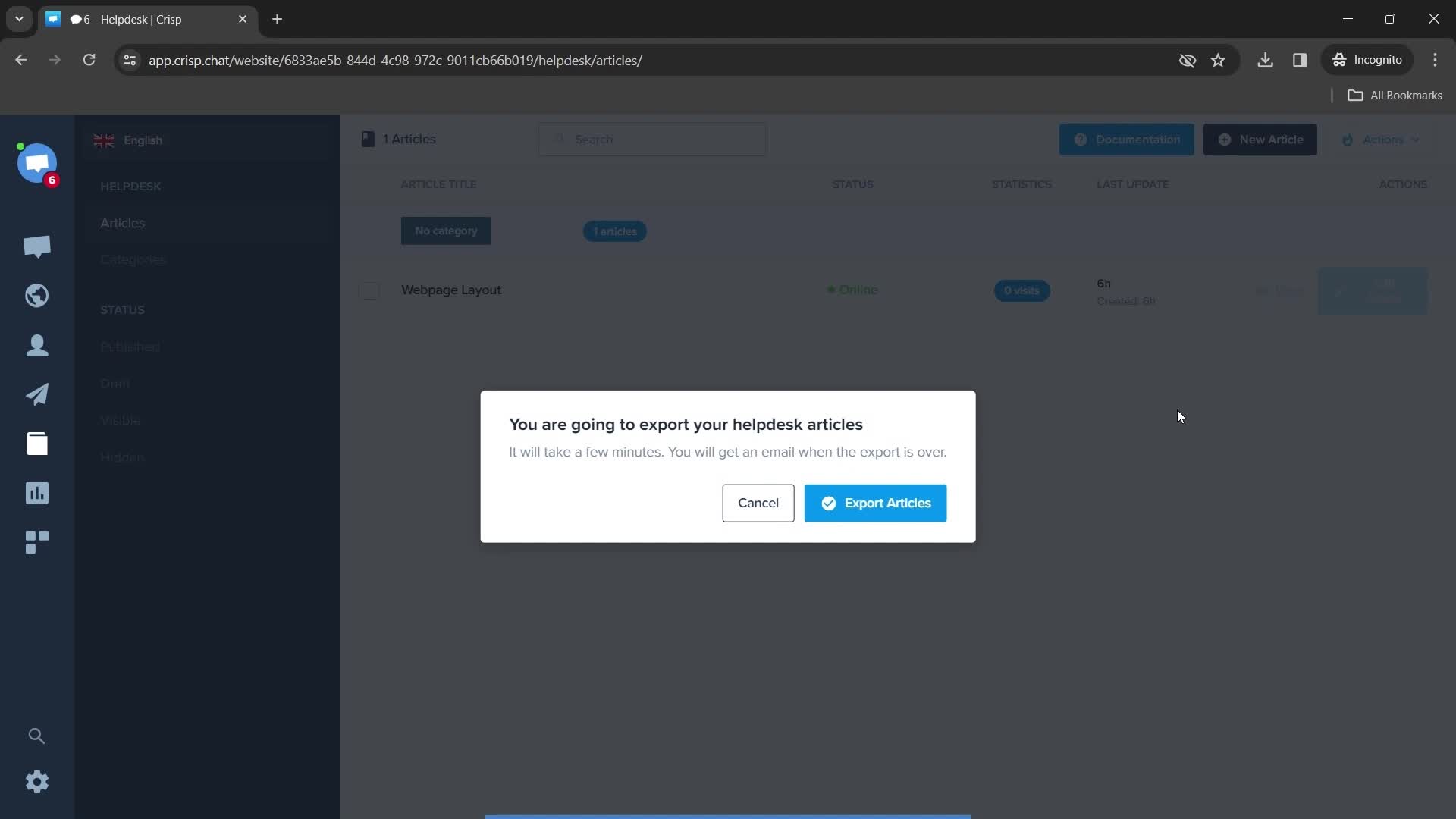 Exporting helpdesk articles screenshot