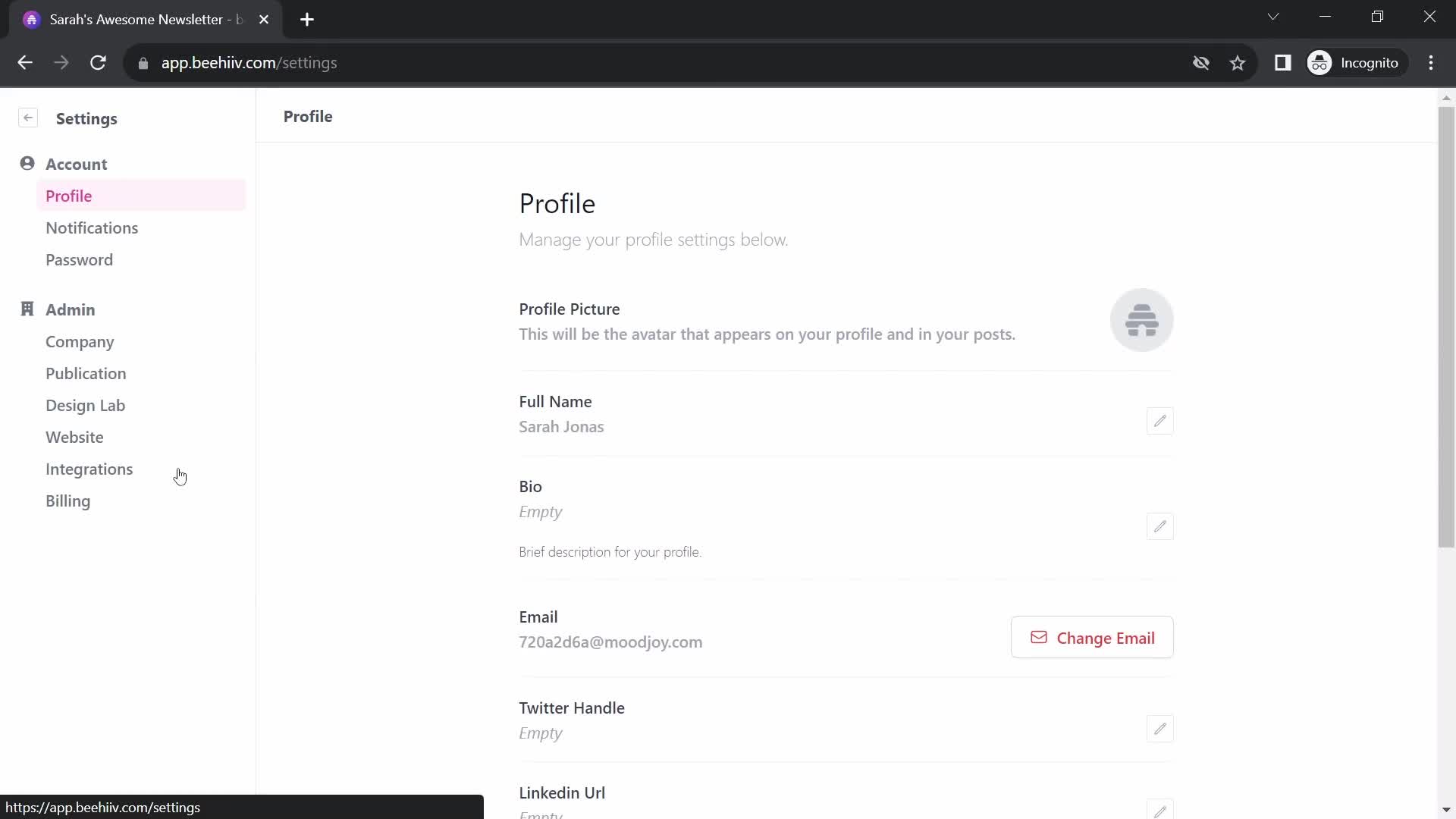 Screenshot of Profile settings on Exporting data on Beehiiv user flow