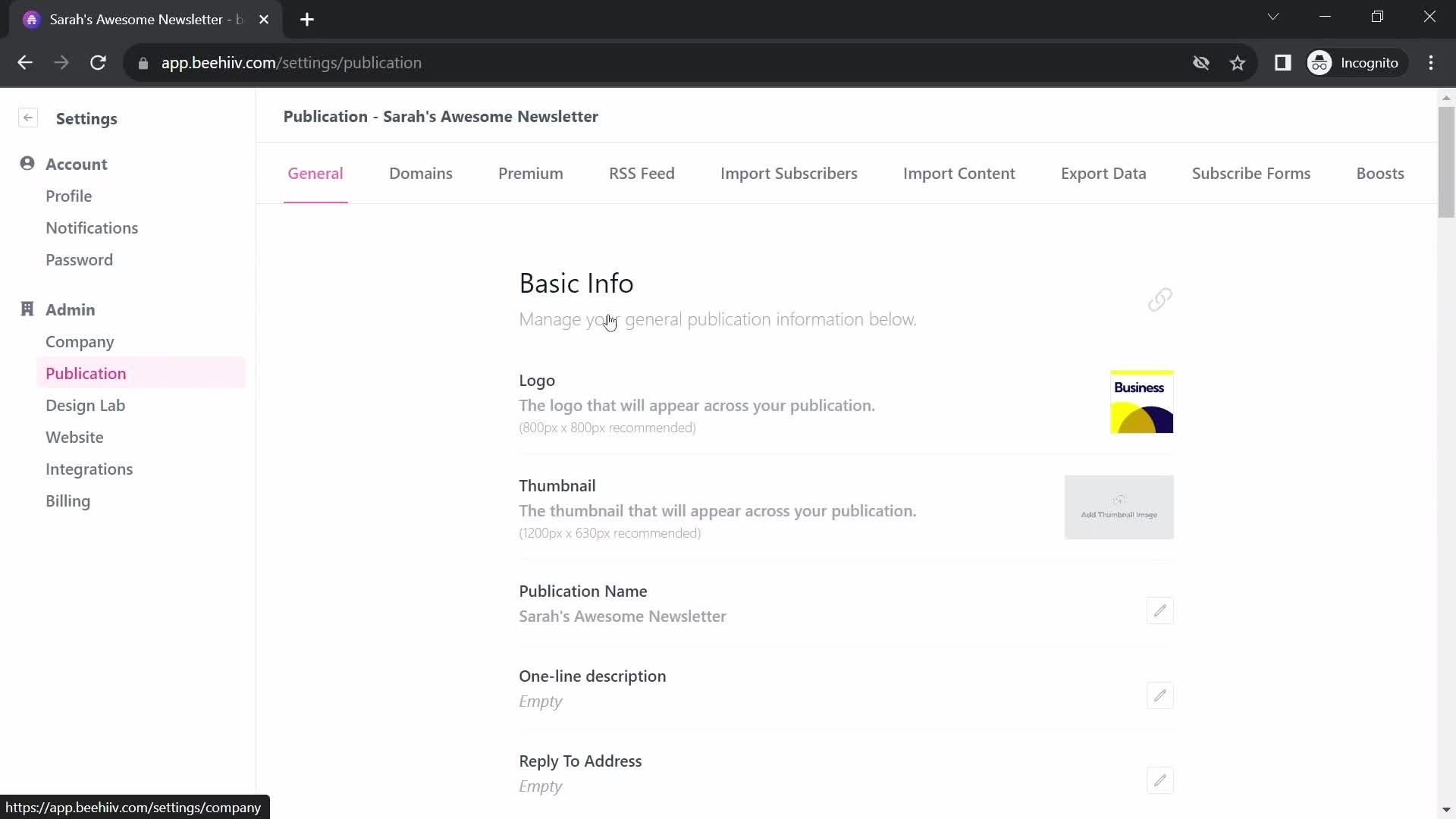 Screenshot of Publication on Exporting data on Beehiiv user flow