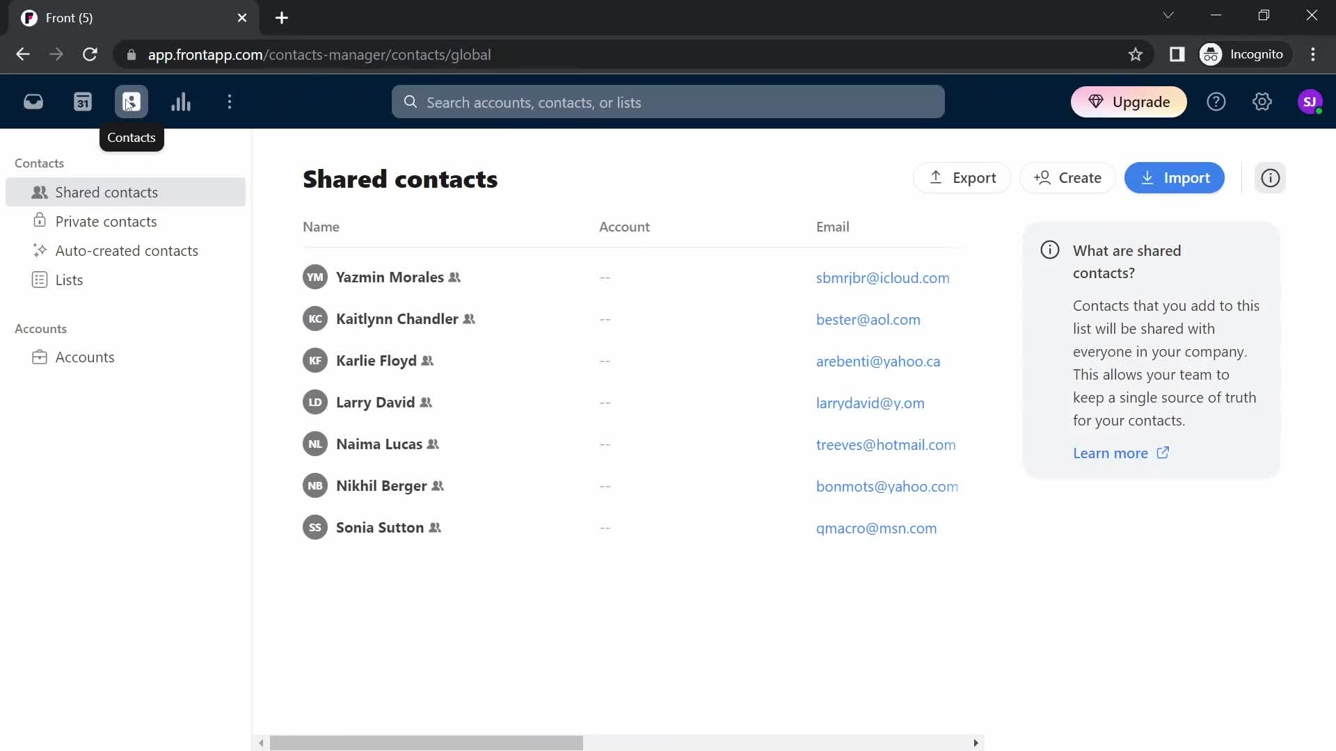 Screenshot of Contacts on Exporting data on Front user flow