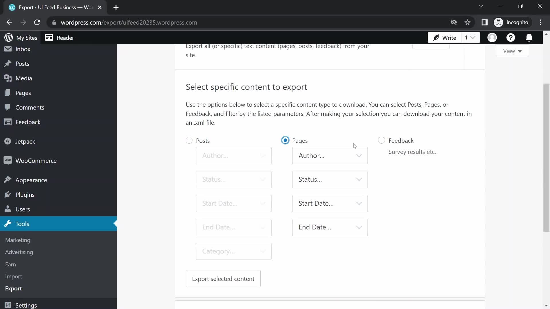 Screenshot of Select content type on Exporting data on WordPress user flow