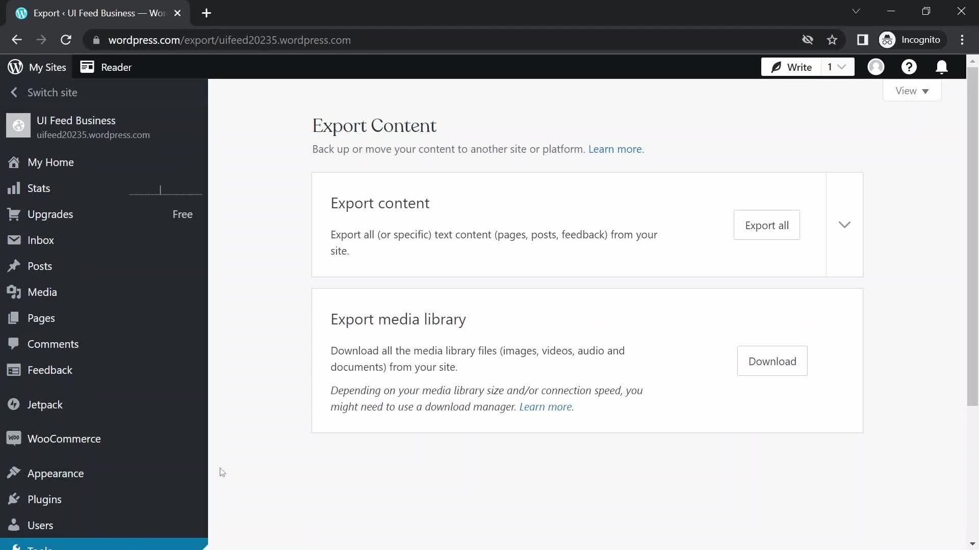 Screenshot of Export data on Exporting data on WordPress user flow