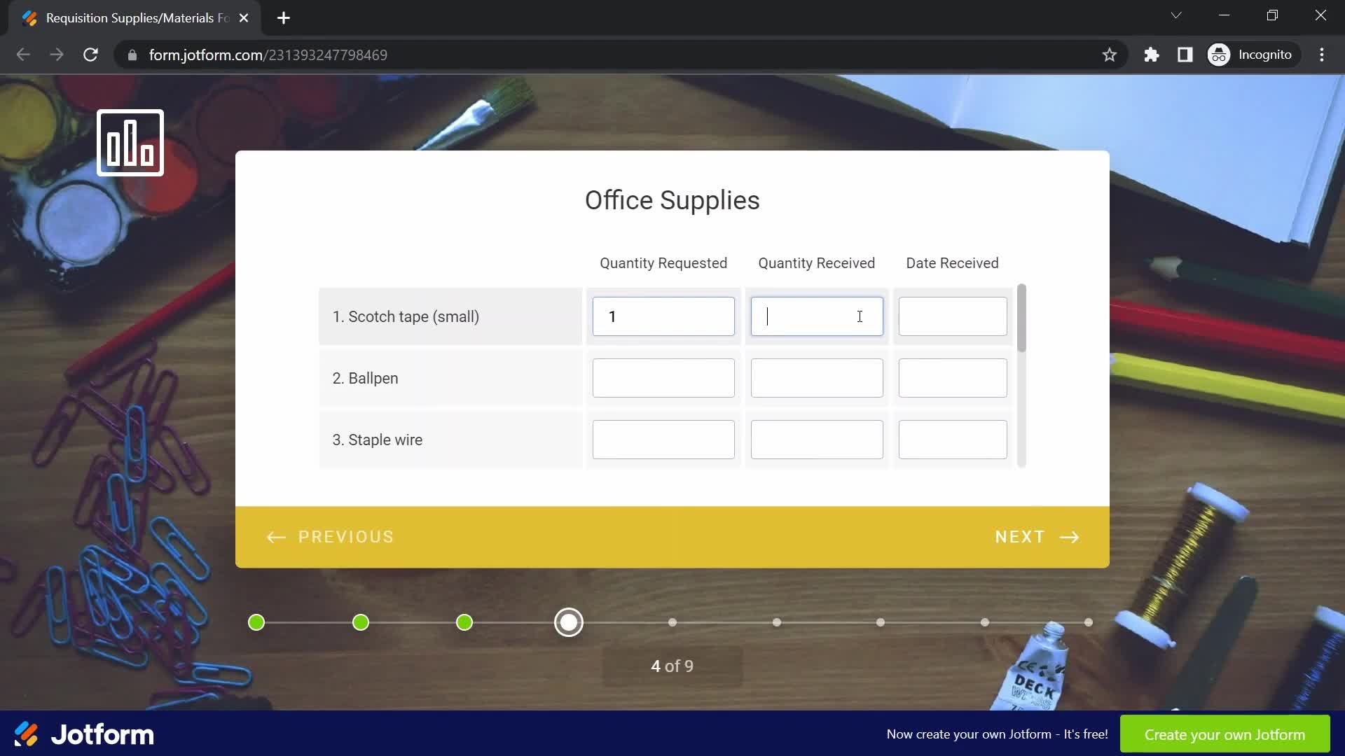 Filling in a form screenshot