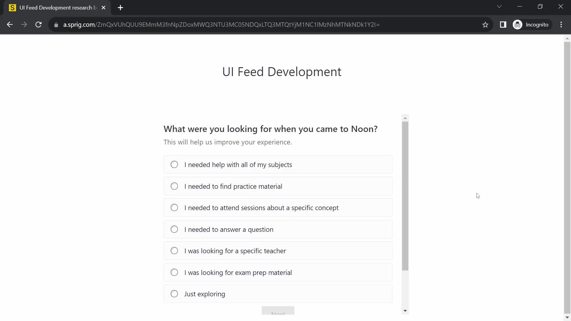 Screenshot of Survey on Filling in a form on Sprig user flow