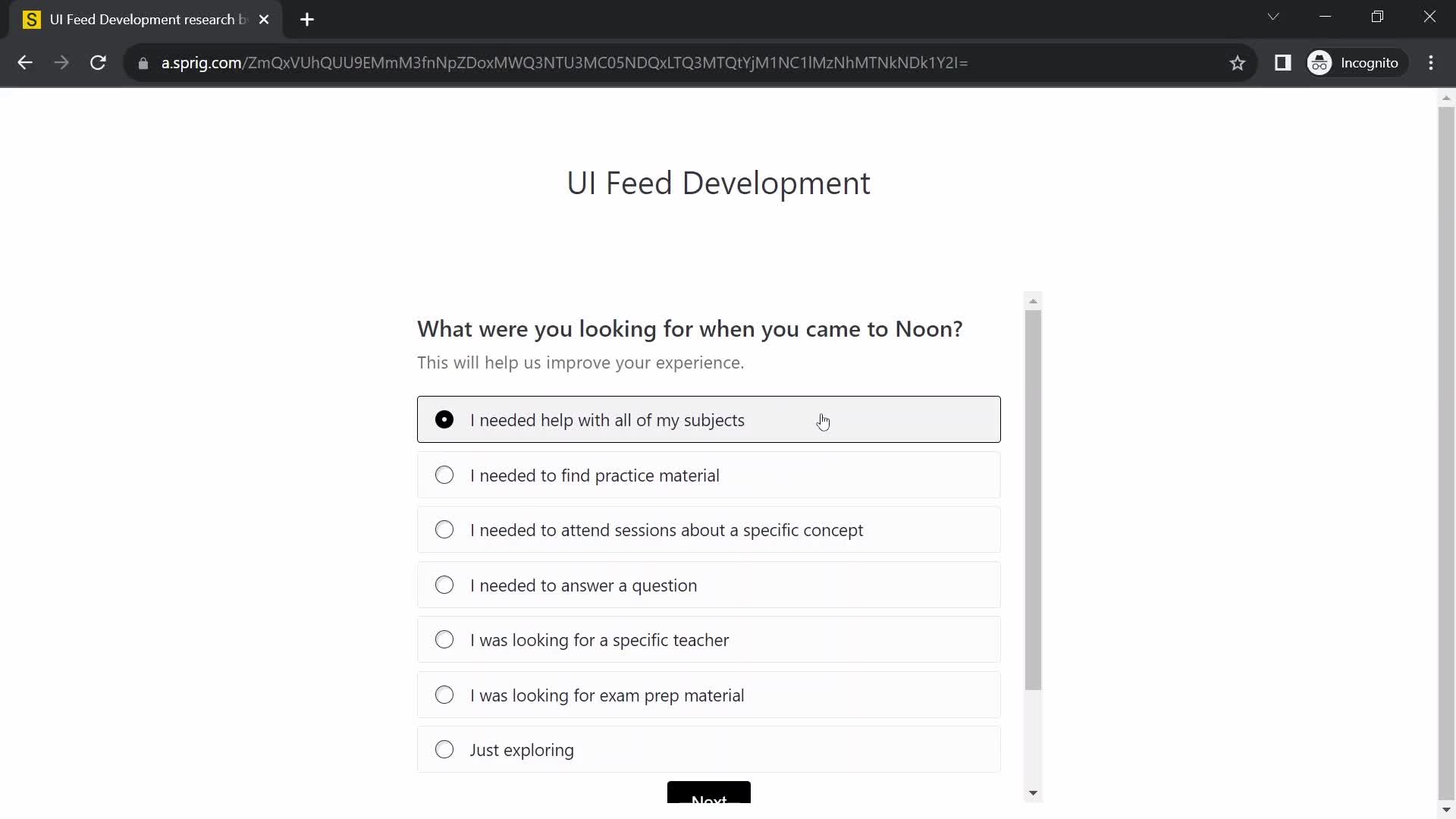 Screenshot of Answer question on Filling in a form on Sprig user flow