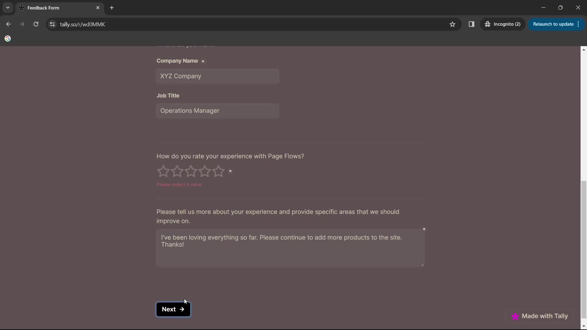 Screenshot of Select next step on Filling in a form on Tally user flow