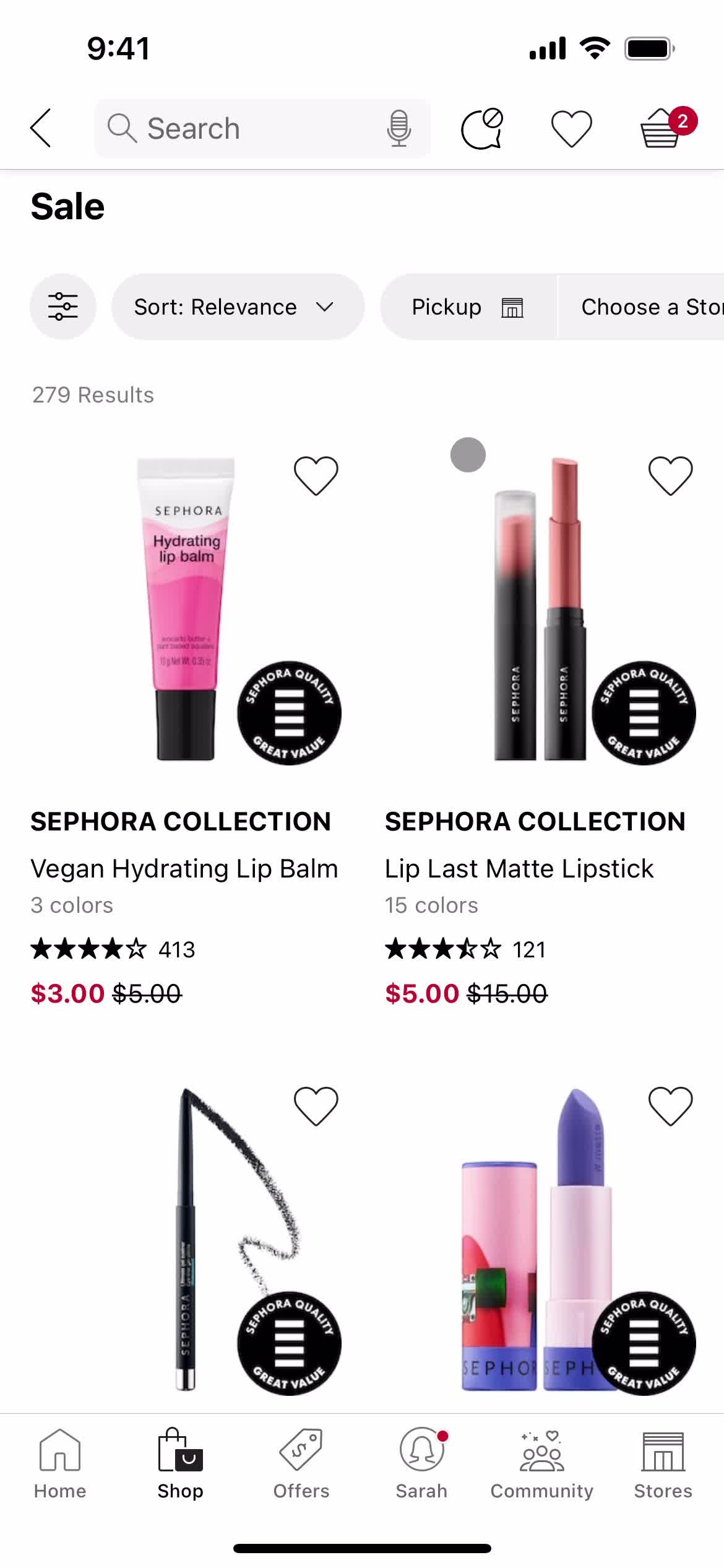 Screenshot of Category on Filtering on Sephora user flow