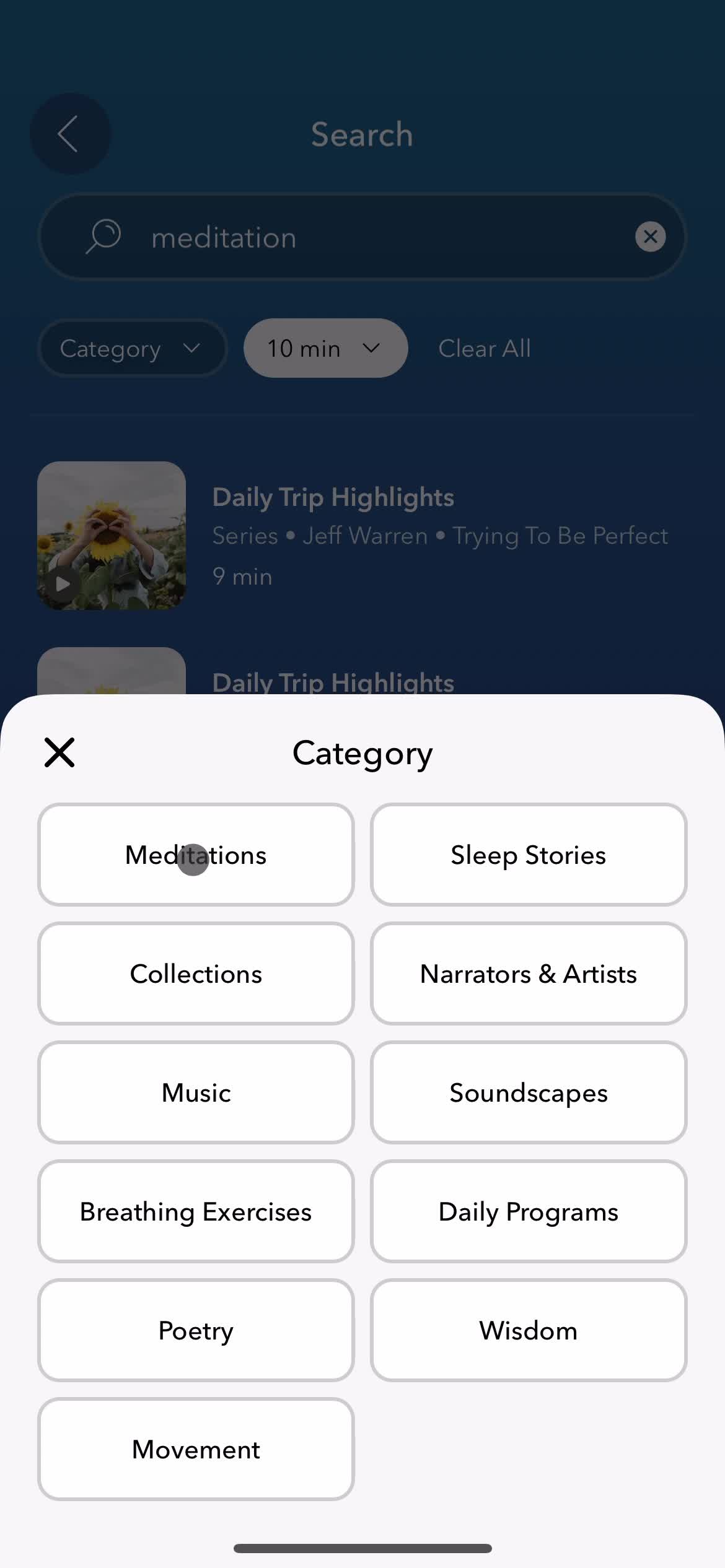 Filtering and sorting on Calm video thumbnail