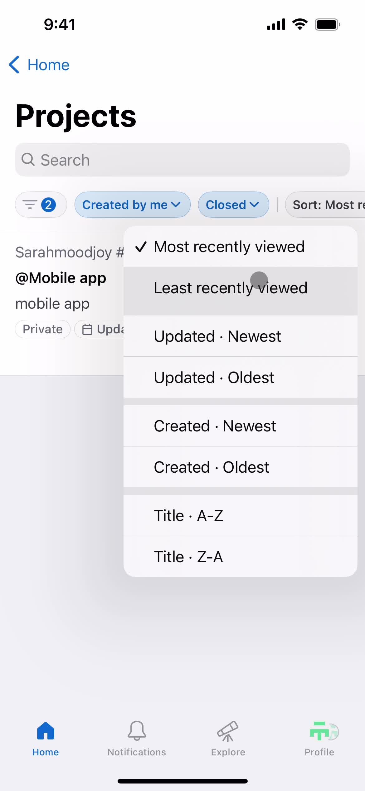 Filtering and sorting screenshot