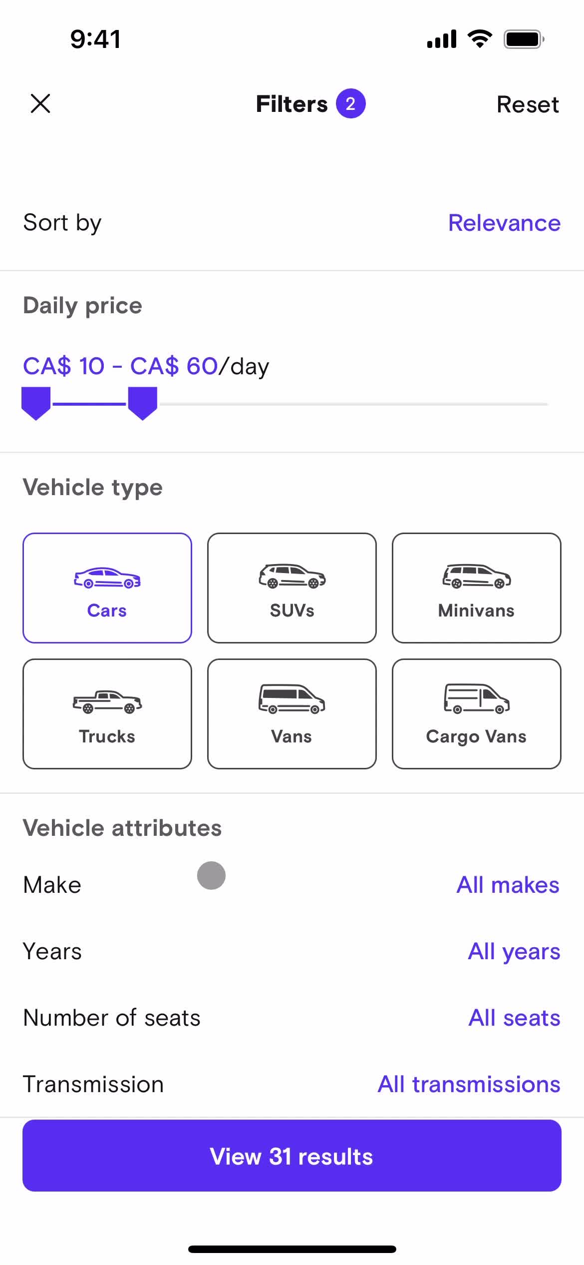 Filtering and sorting screenshot