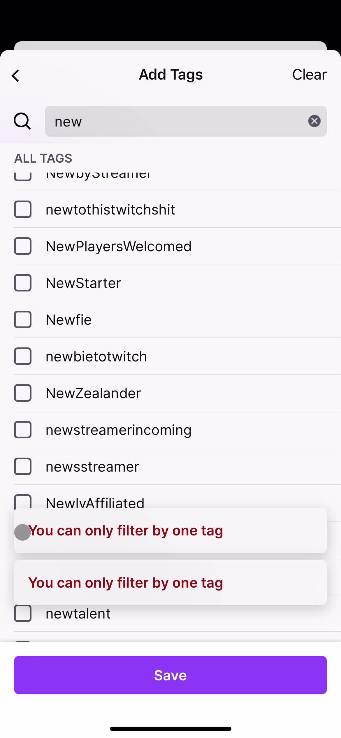 Filtering screenshot