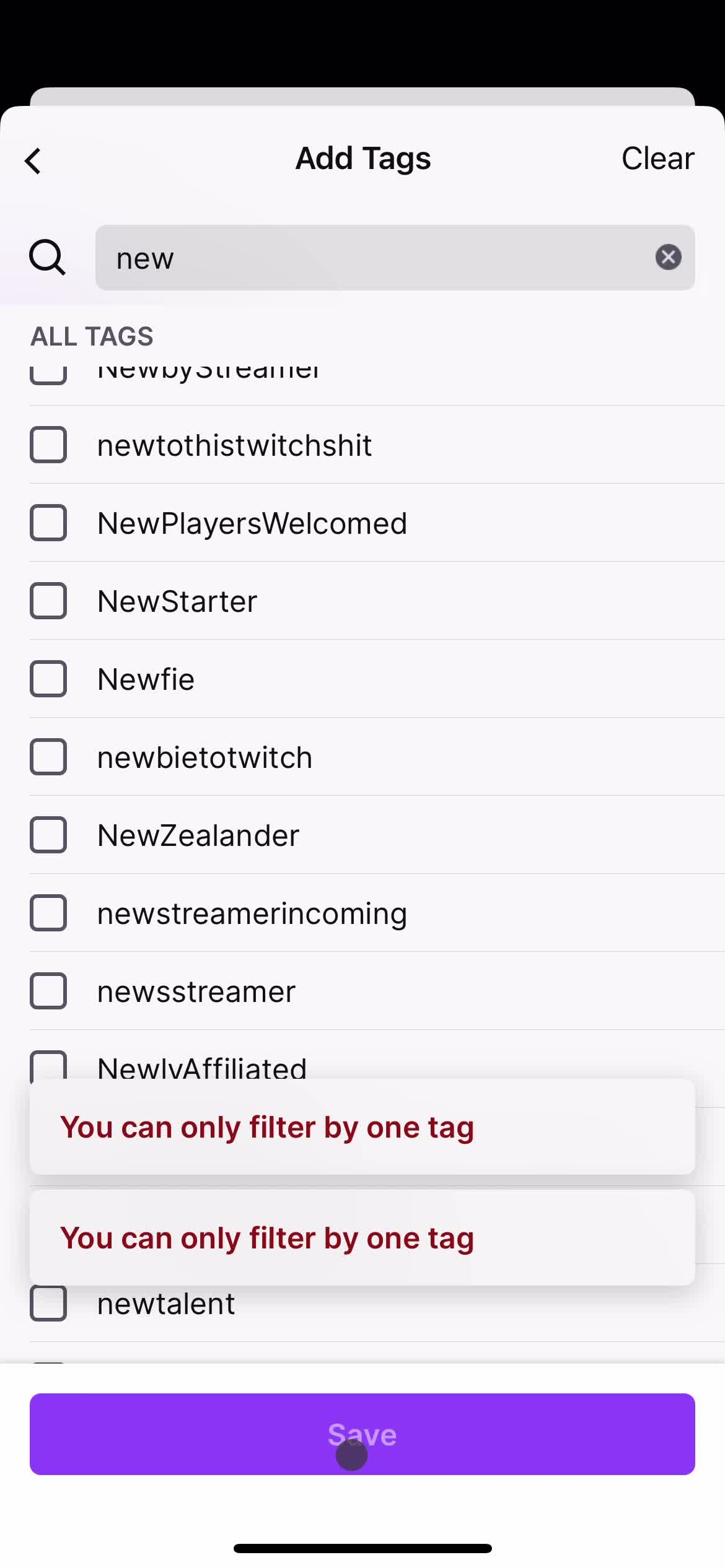 Filtering screenshot