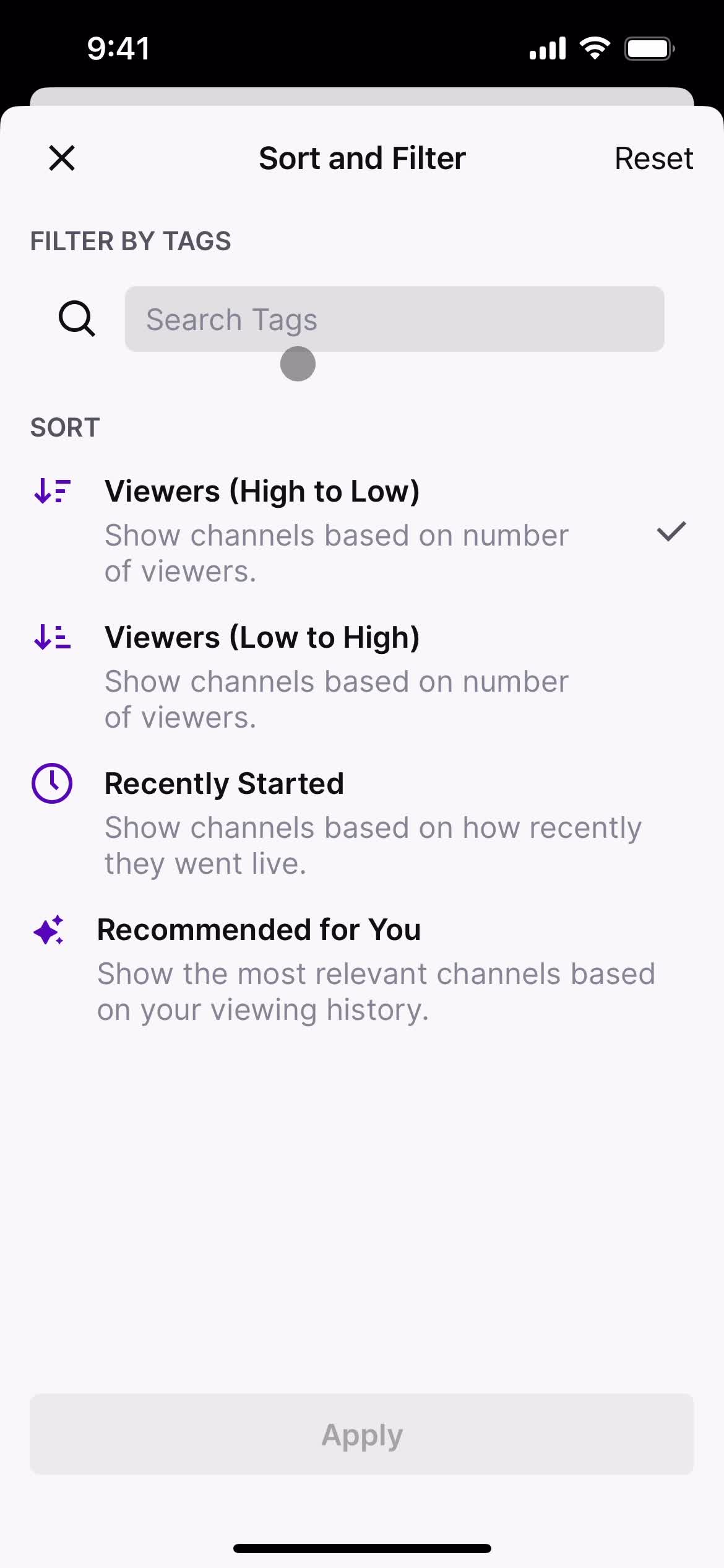 Filtering screenshot