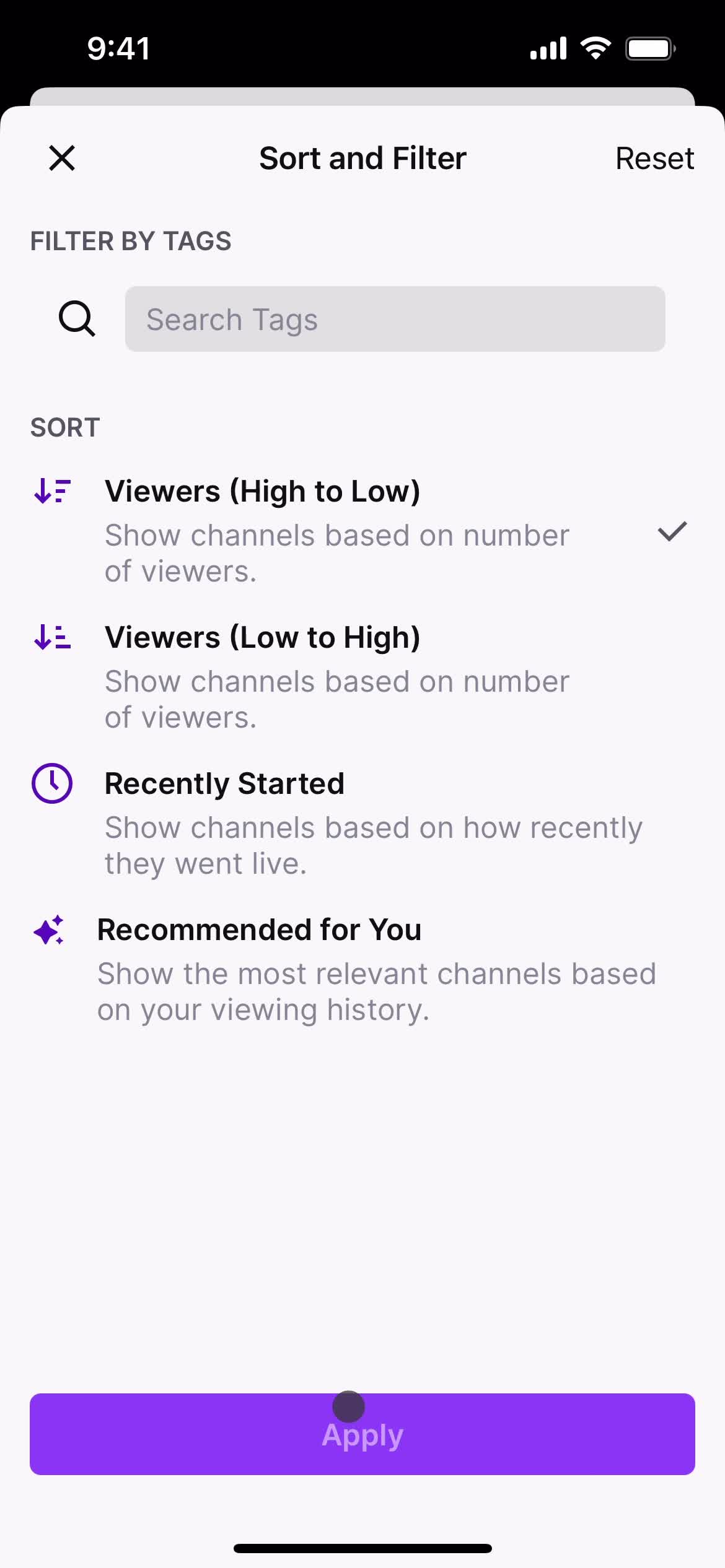 Filtering screenshot
