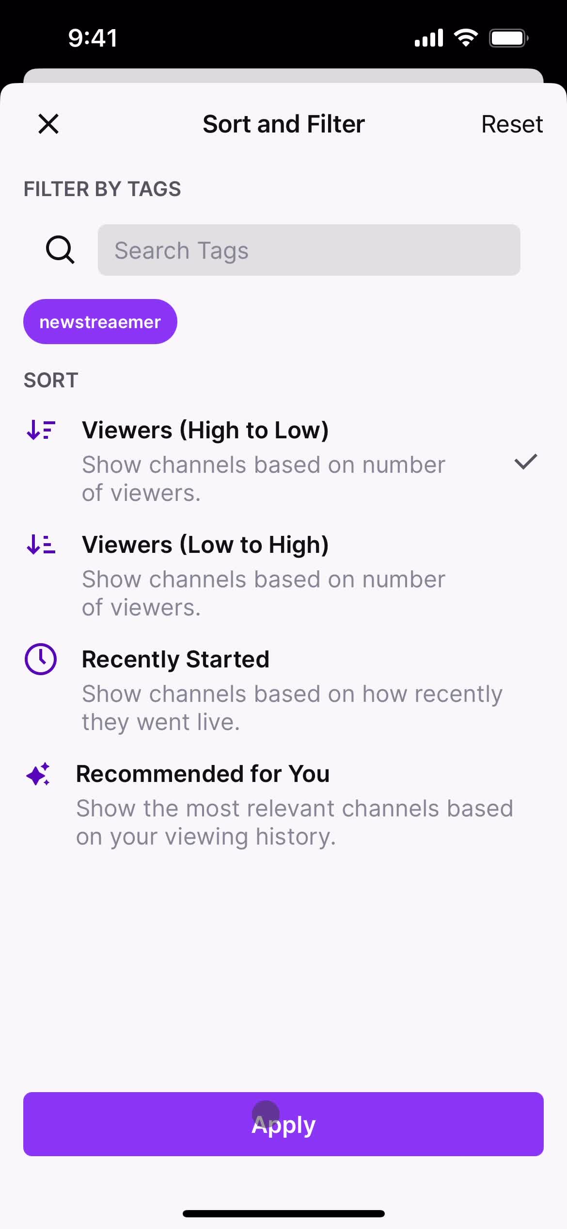 Filtering screenshot