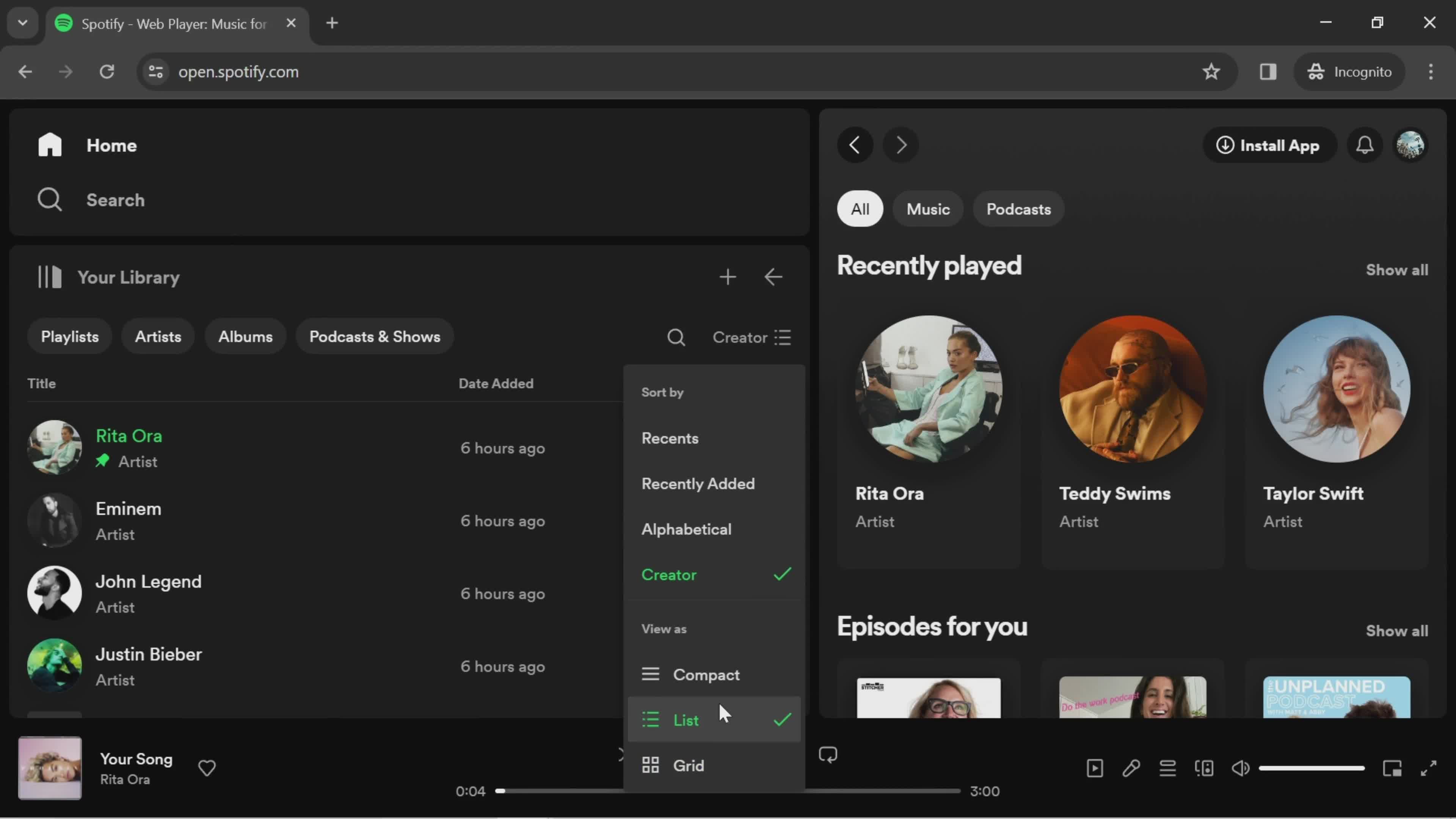 Filtering and sorting screenshot