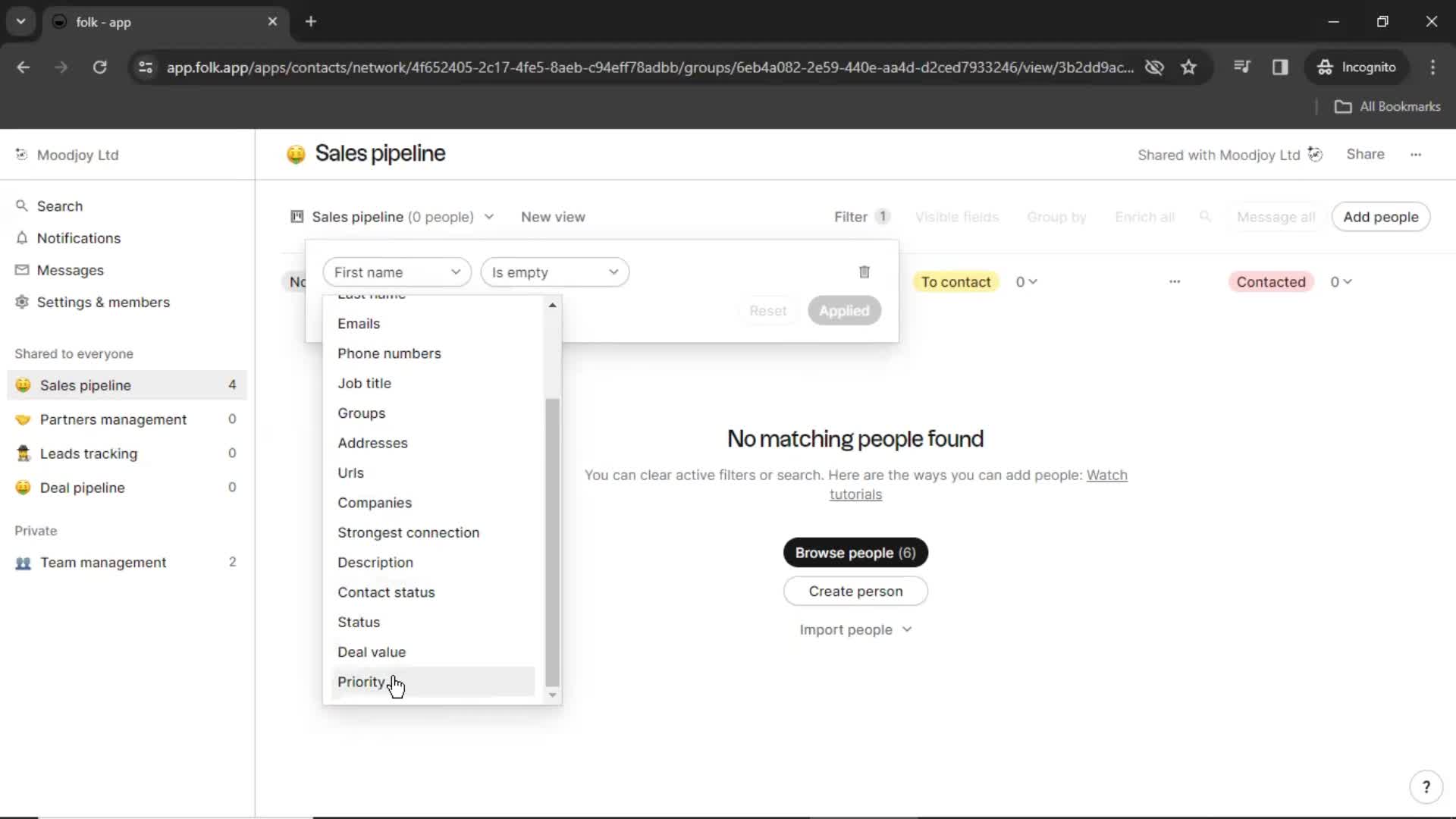 Filtering screenshot