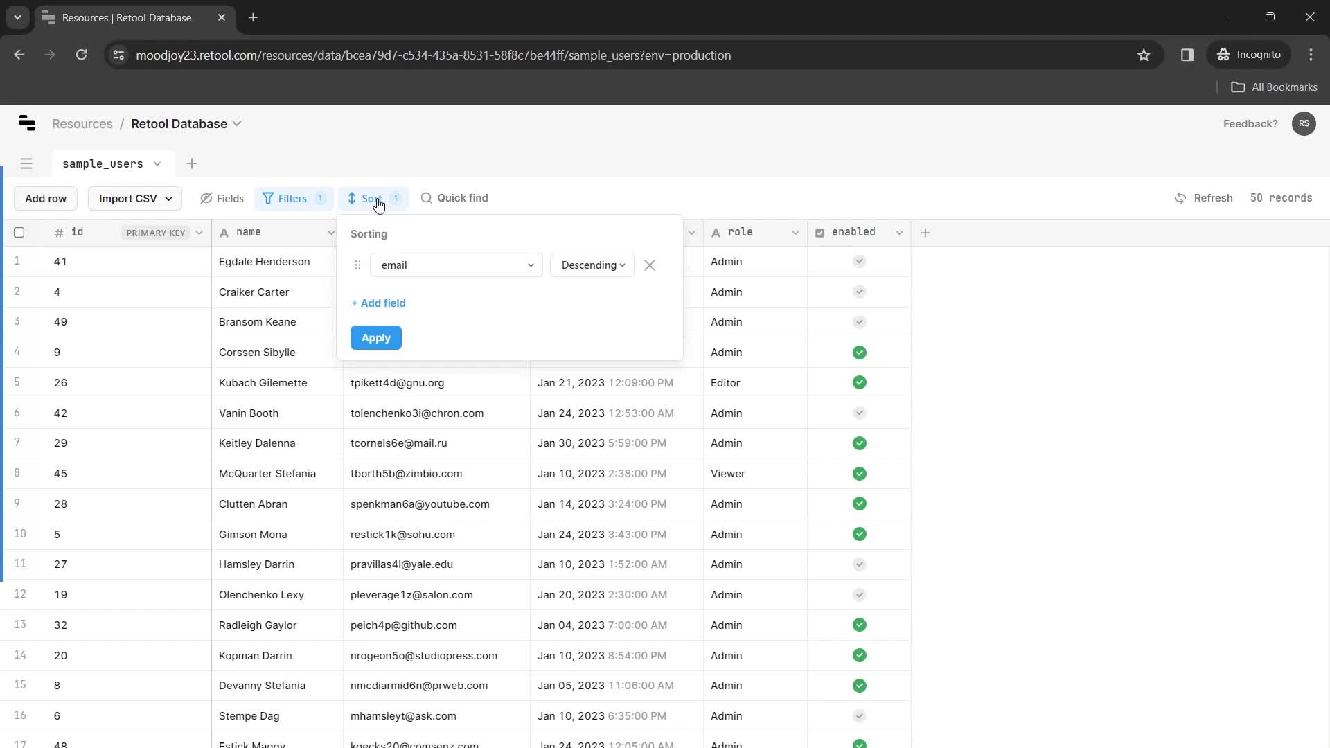 Filtering and sorting screenshot
