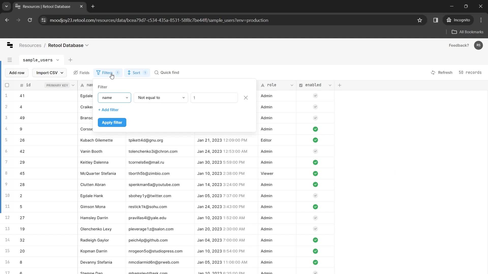 Filtering and sorting screenshot